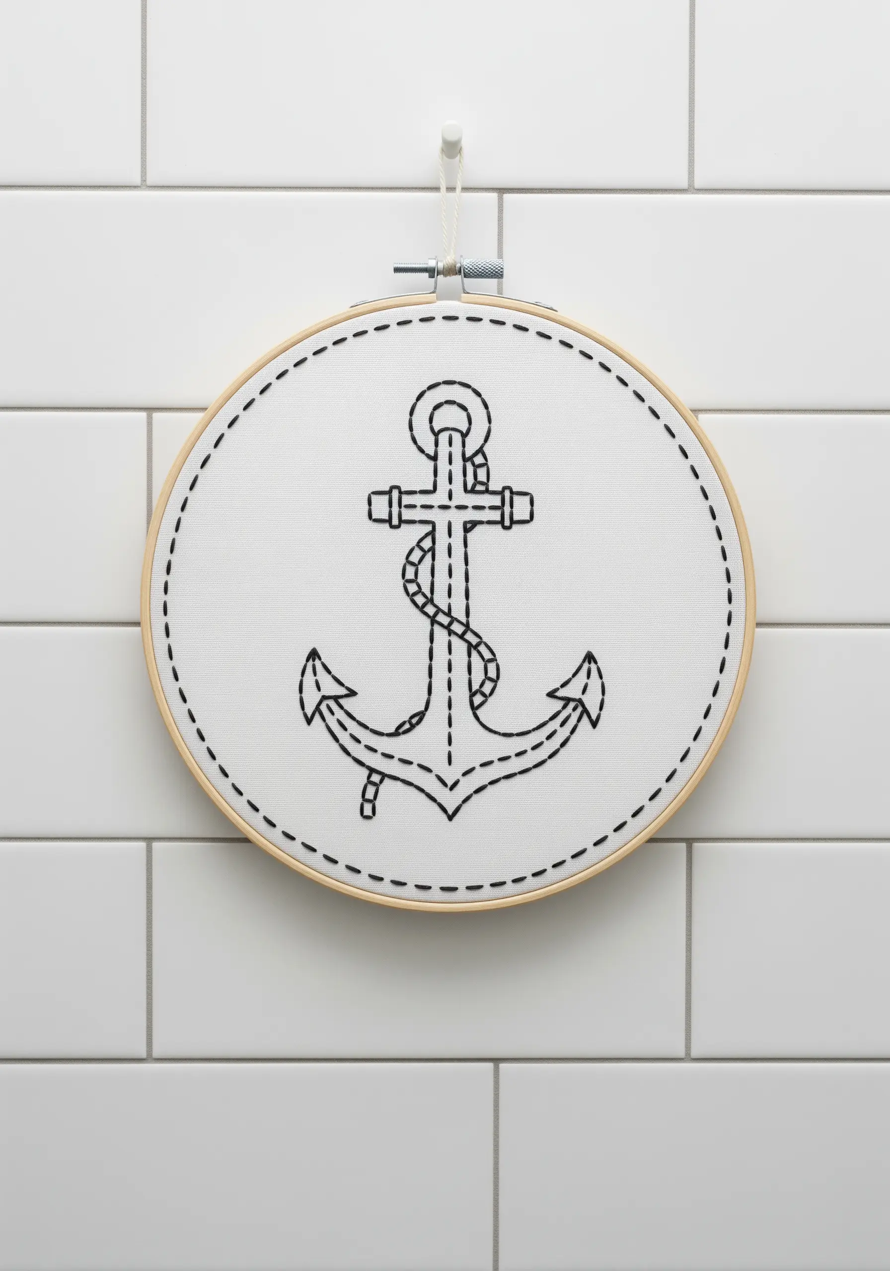 A minimal blackwork embroidery of a nautical anchor with a rope, stitched on white fabric.