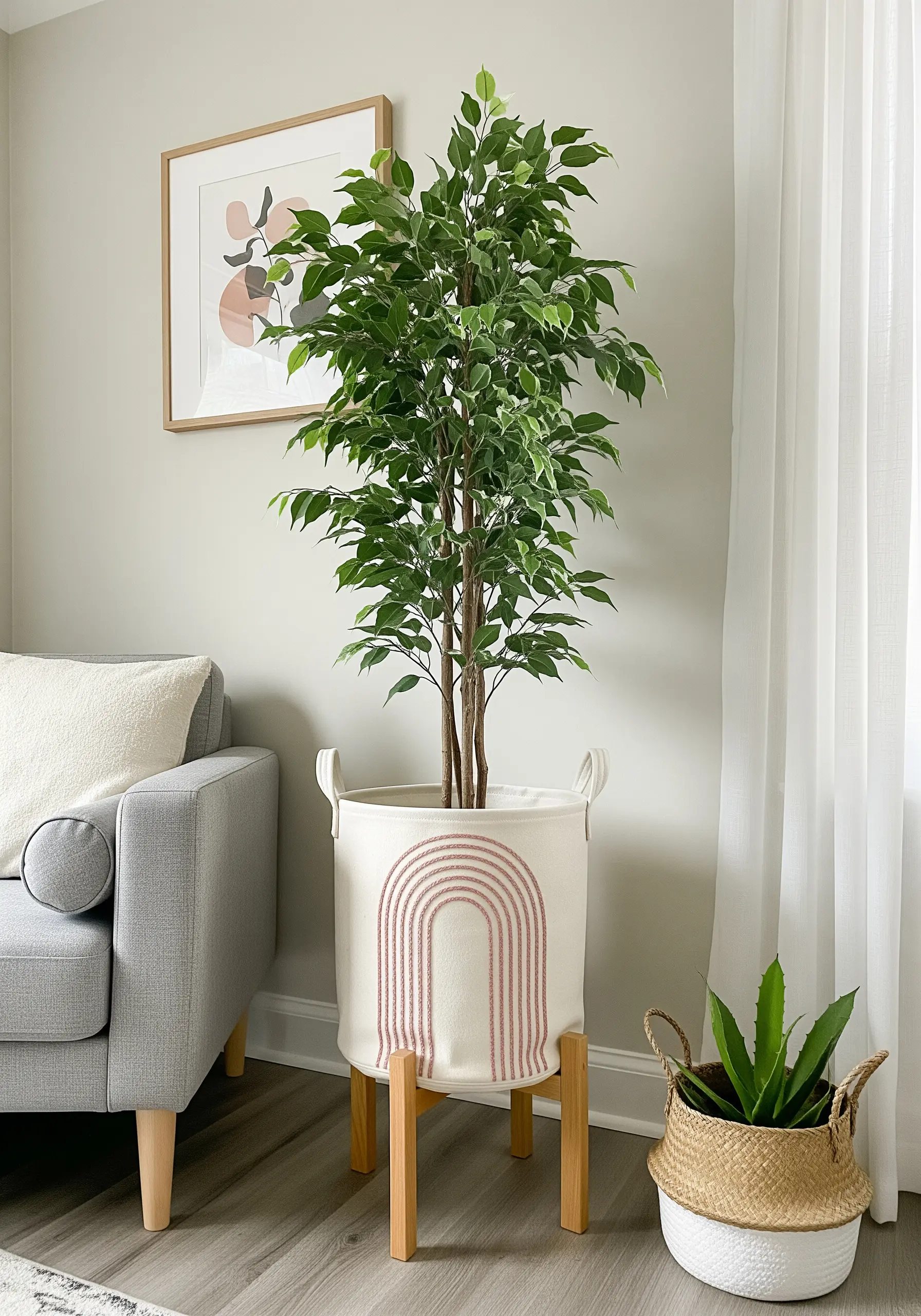 A fabric plant pot embroidered with a modern rainbow arch in dusty rose tones.