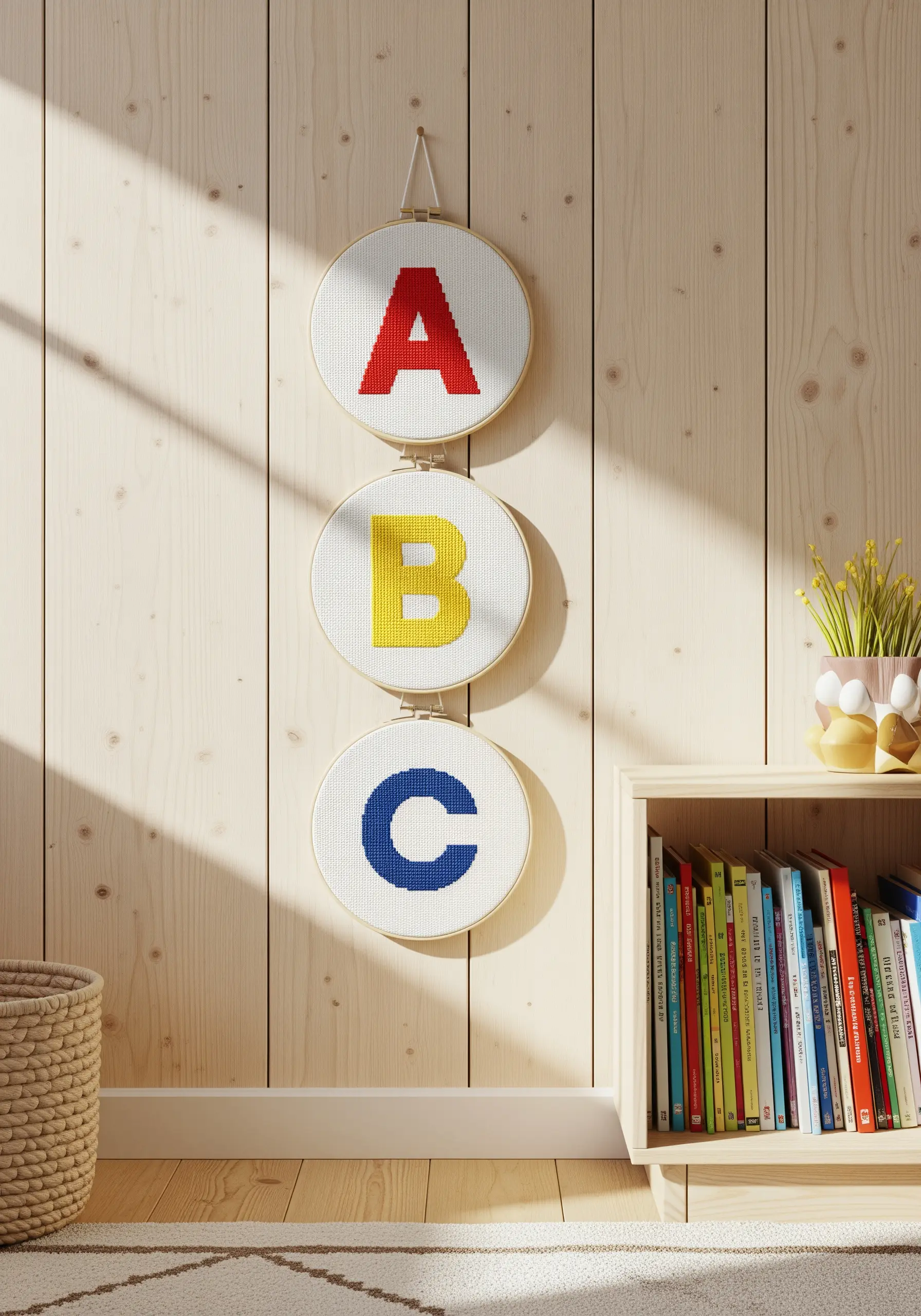 Stacked embroidery hoops with primary color cross-stitched alphabet letters.