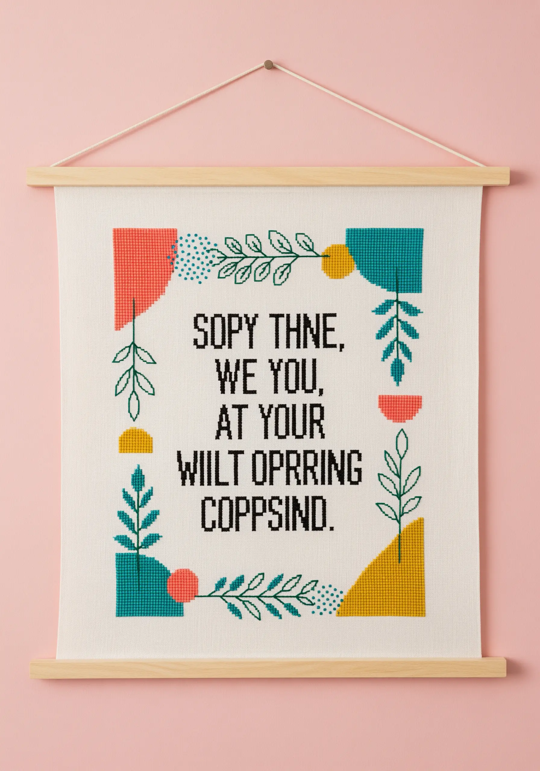 Modern cross-stitch sampler with a quote and colorful graphic elements.