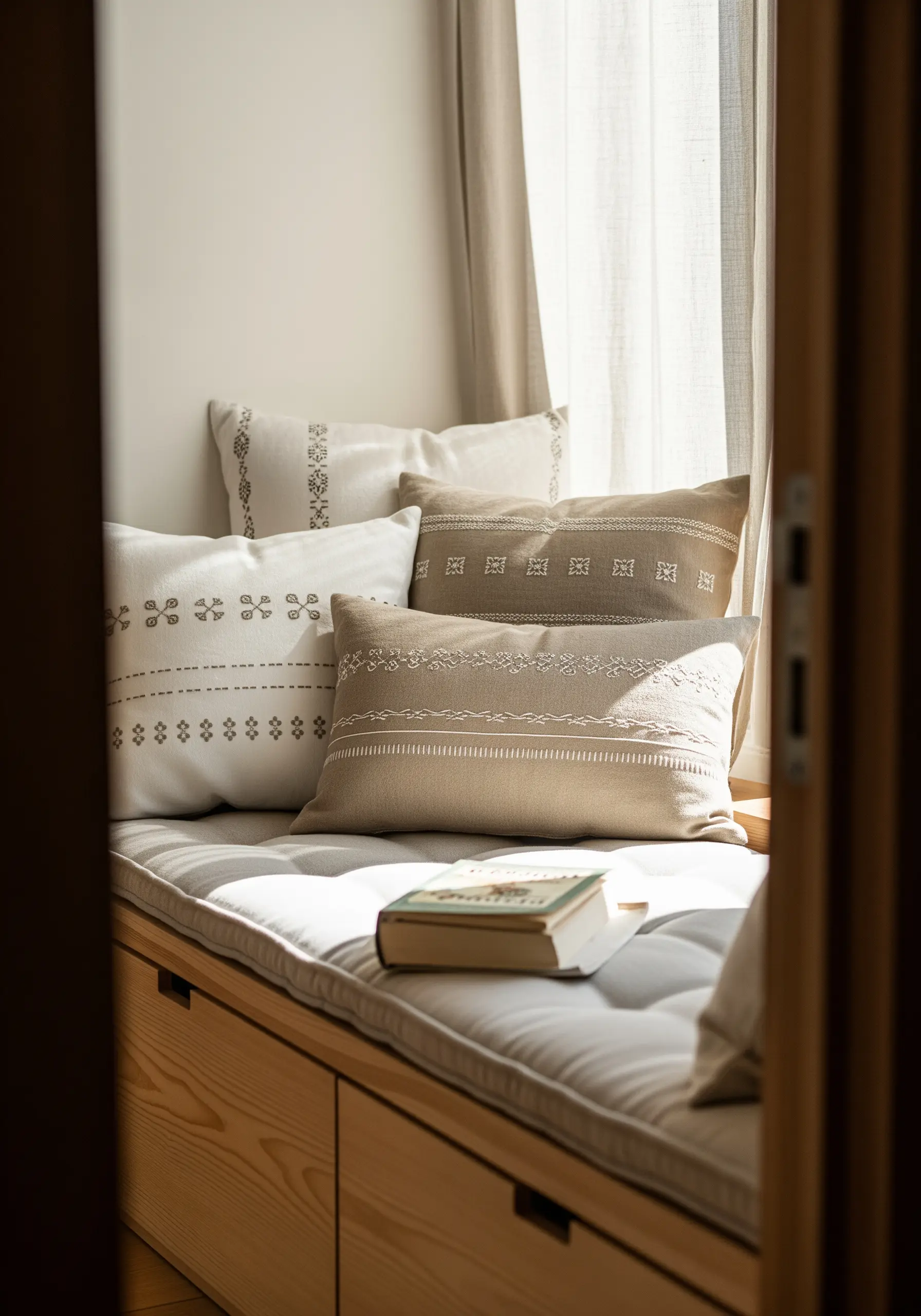 Linen cushions in a window seat, embroidered with monochrome folk-inspired geometric patterns.