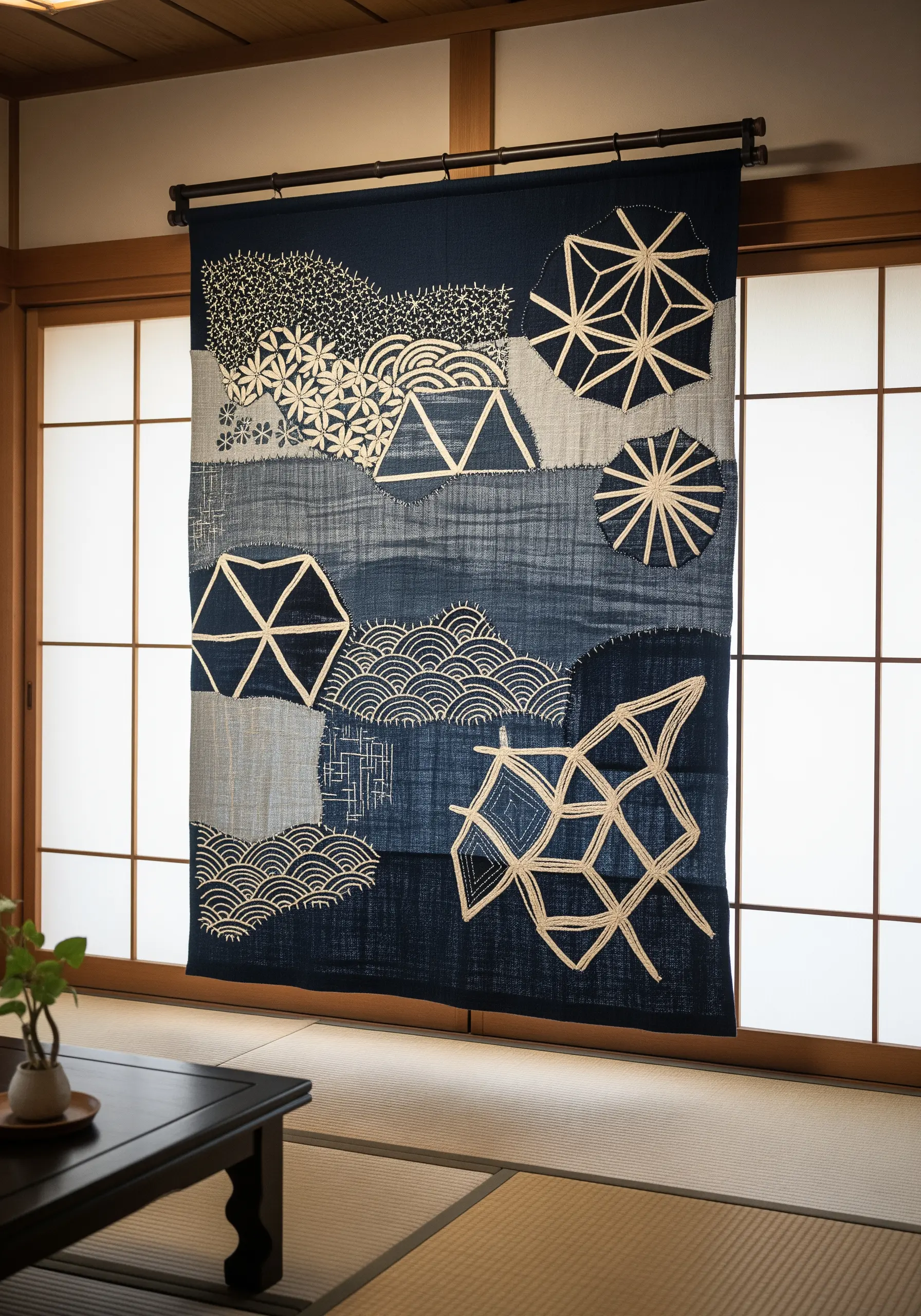 A Japanese-style indigo patchwork wall hanging with sashiko stitching and geometric appliqué.