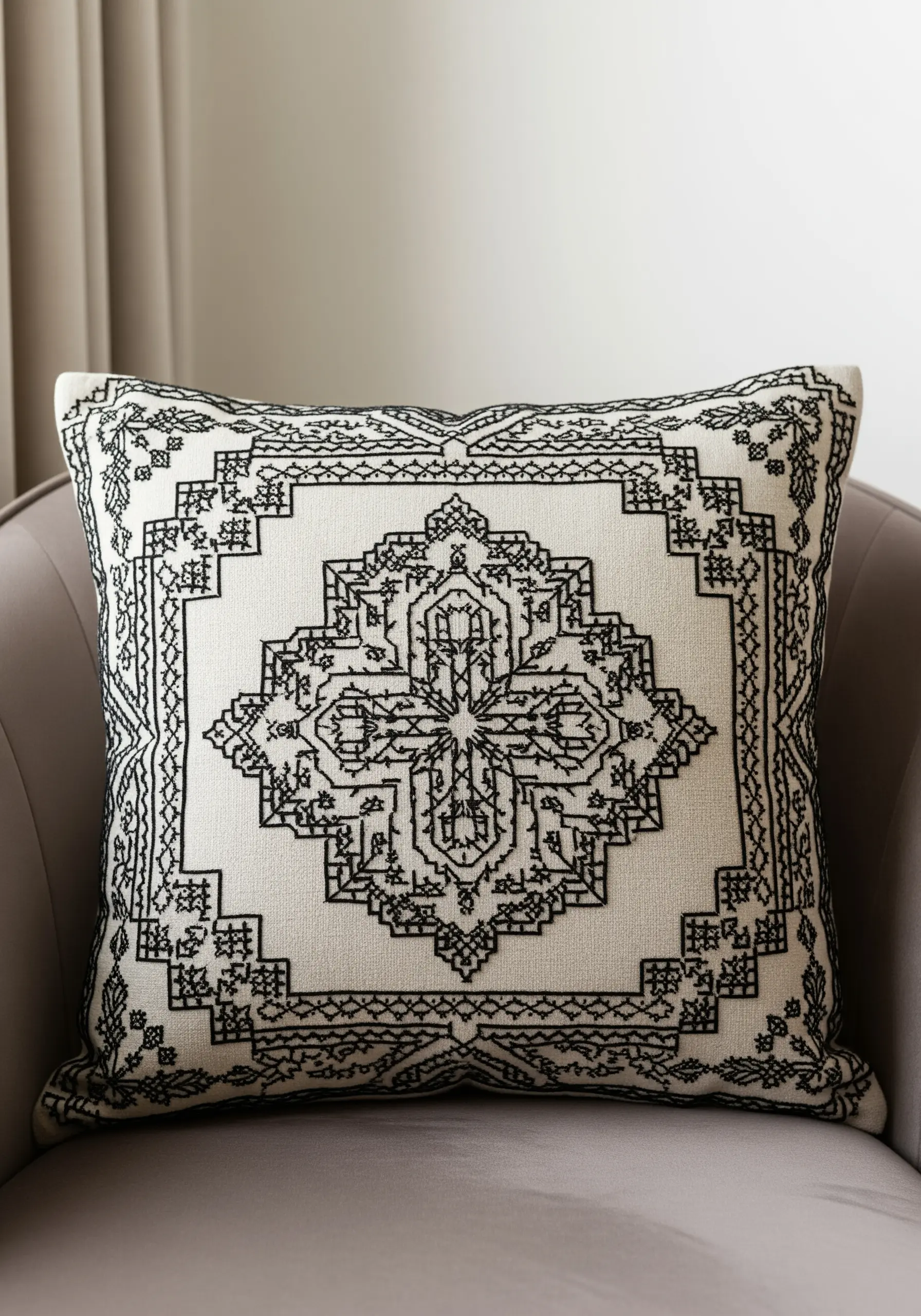 A square cushion with a complex geometric blackwork embroidery pattern in a monochrome palette.