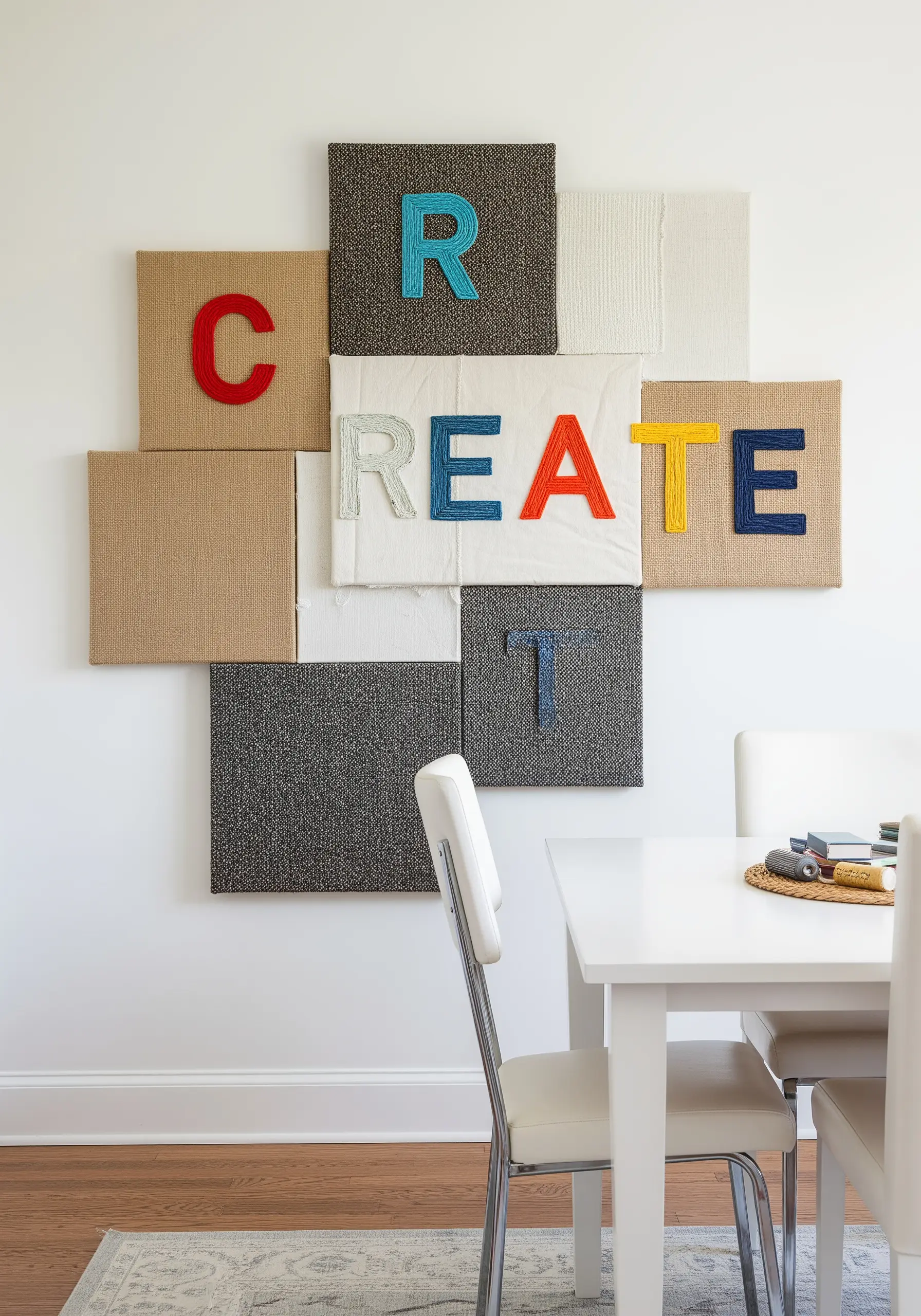 The word 'CREATE' spelled out with colorful wrapped yarn on textured fabric-covered canvases.