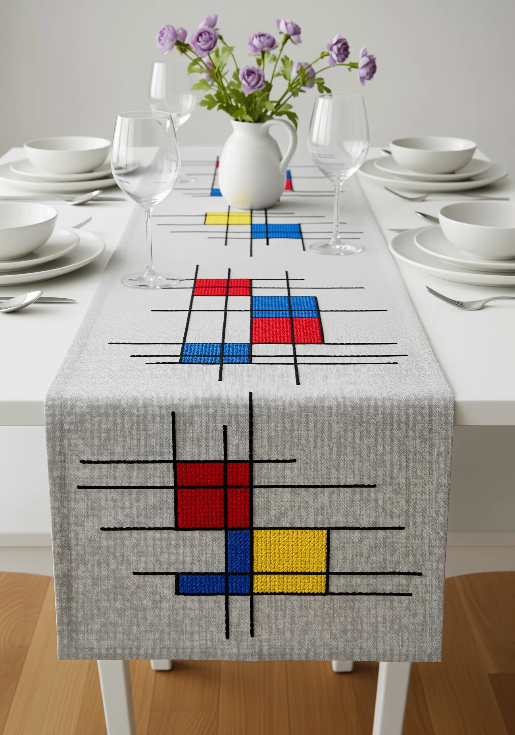 Geometric abstract embroidery with red, yellow, and blue satin-stitched blocks and black lines.