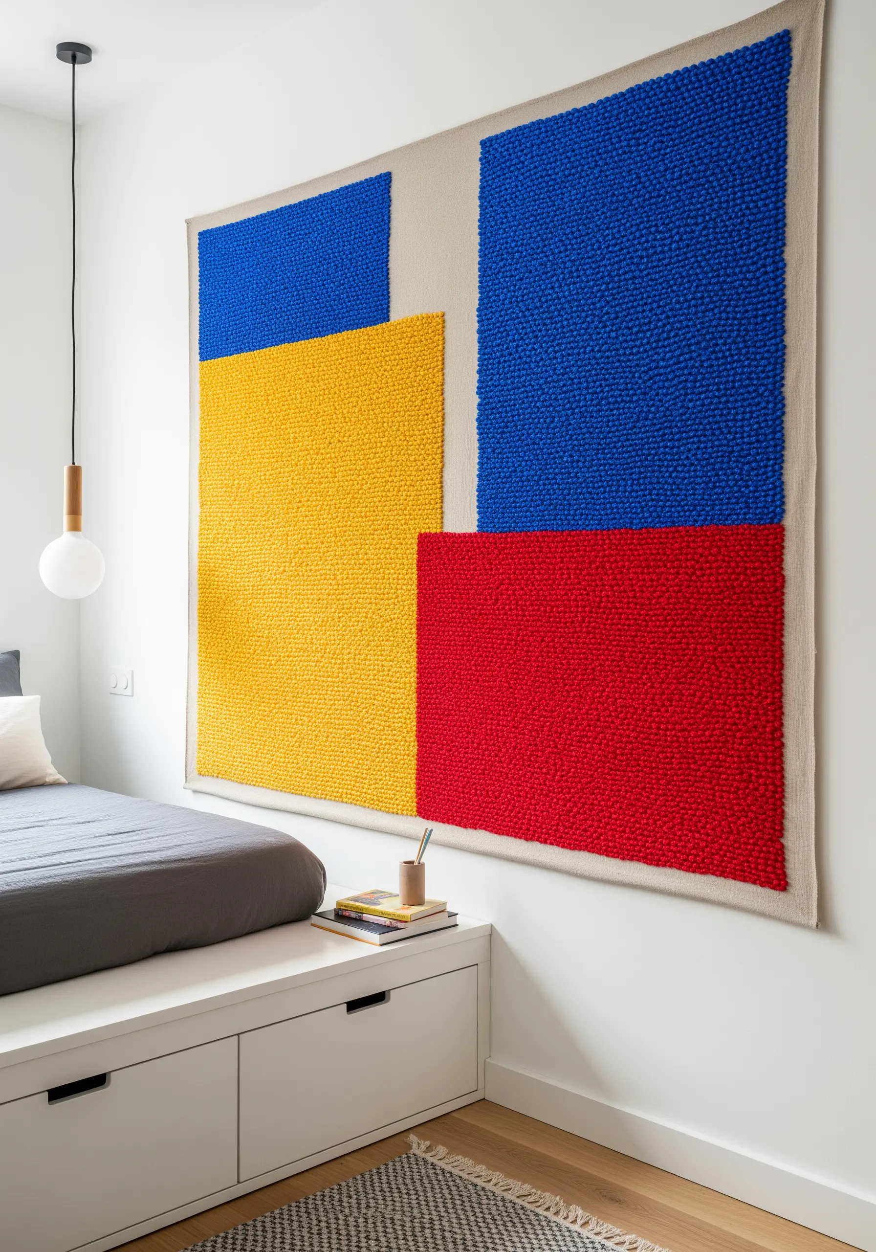 A large, textured wall tapestry with bold geometric blocks of primary red, yellow, and blue.