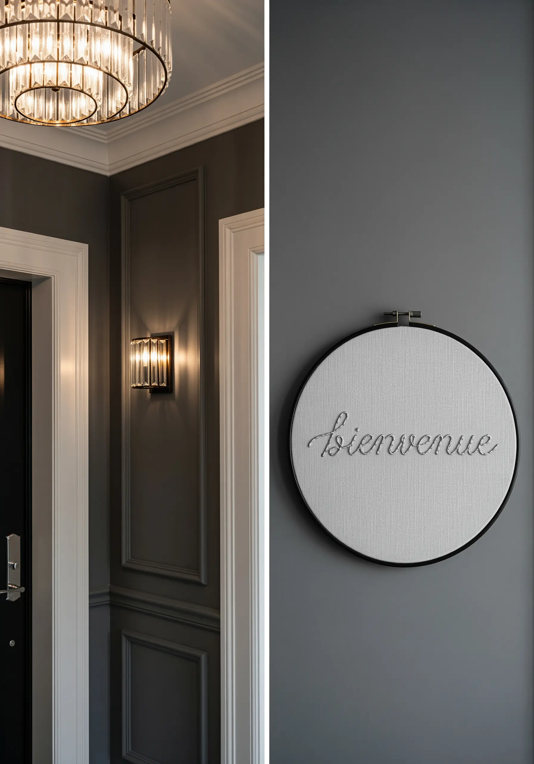 Elegant 'bienvenue' in silver script on grey fabric in a black embroidery hoop.