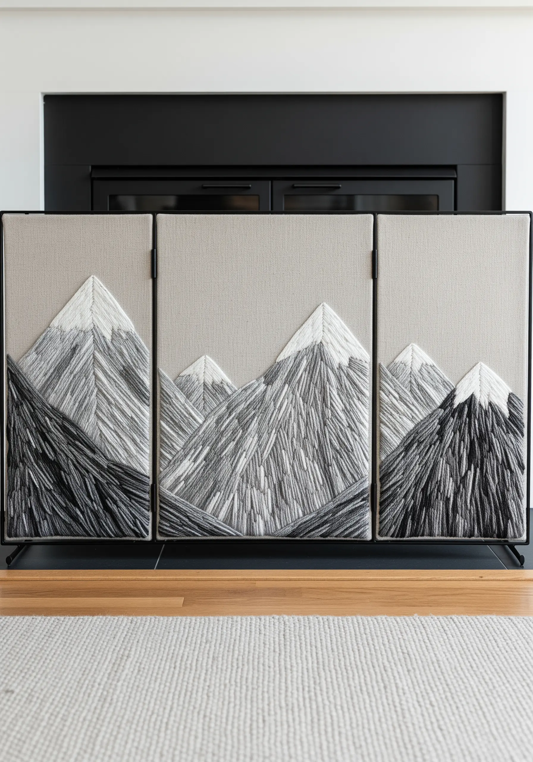 A three-panel fireplace screen with an embroidered monochrome mountain range.