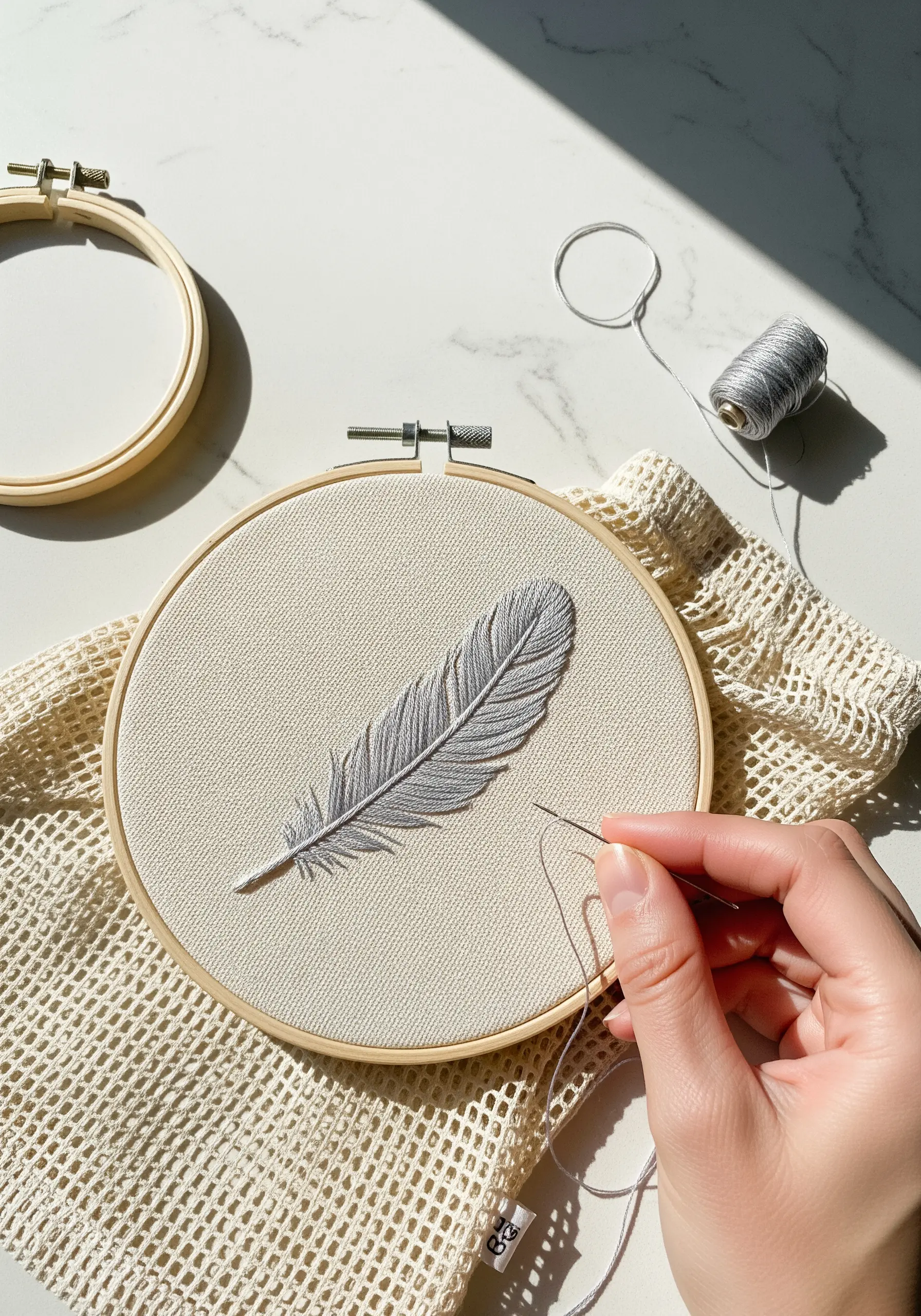 A realistic feather embroidered in shades of grey using long-and-short stitch.