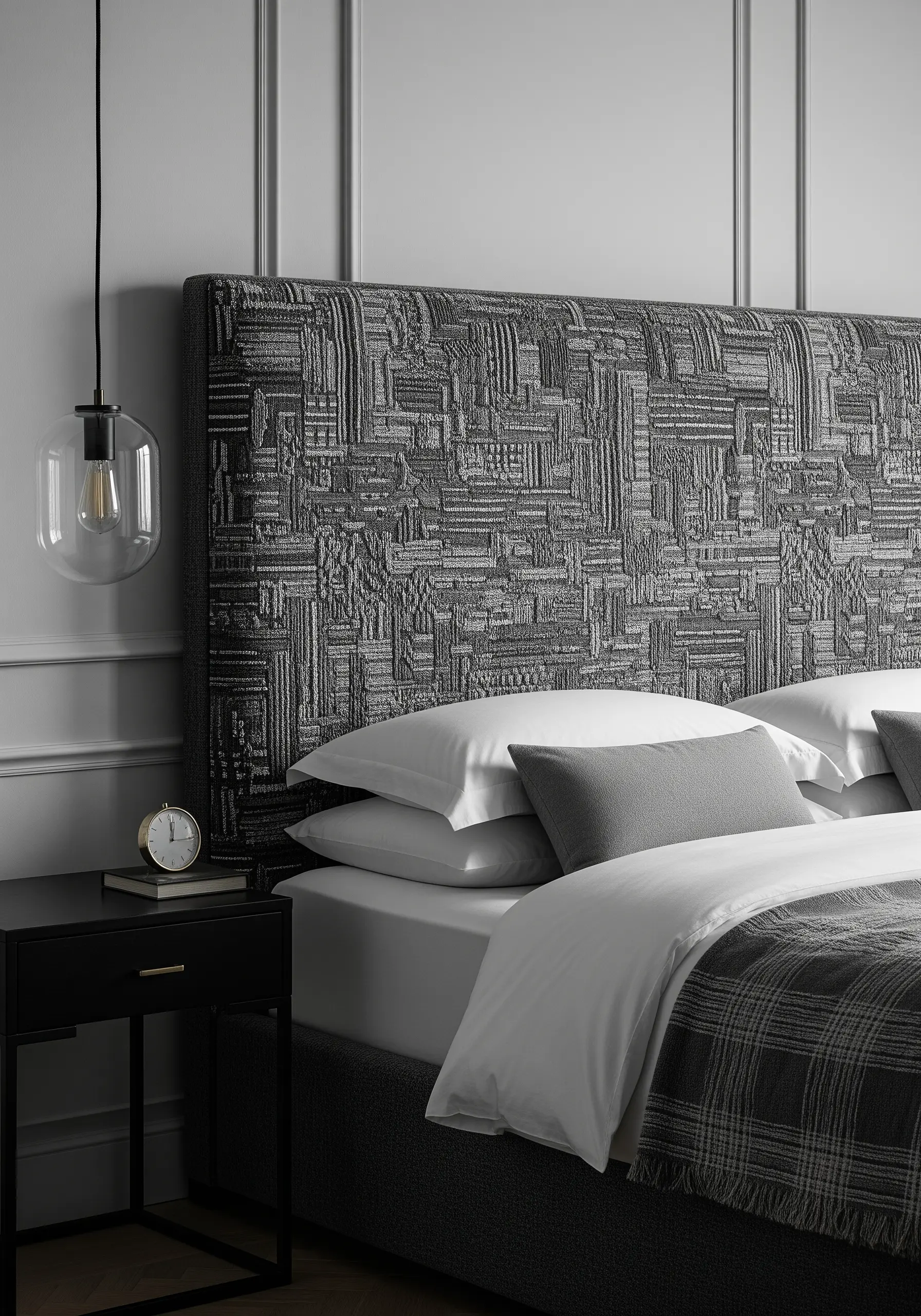 A grey headboard covered in a geometric, textural monochrome embroidery pattern.