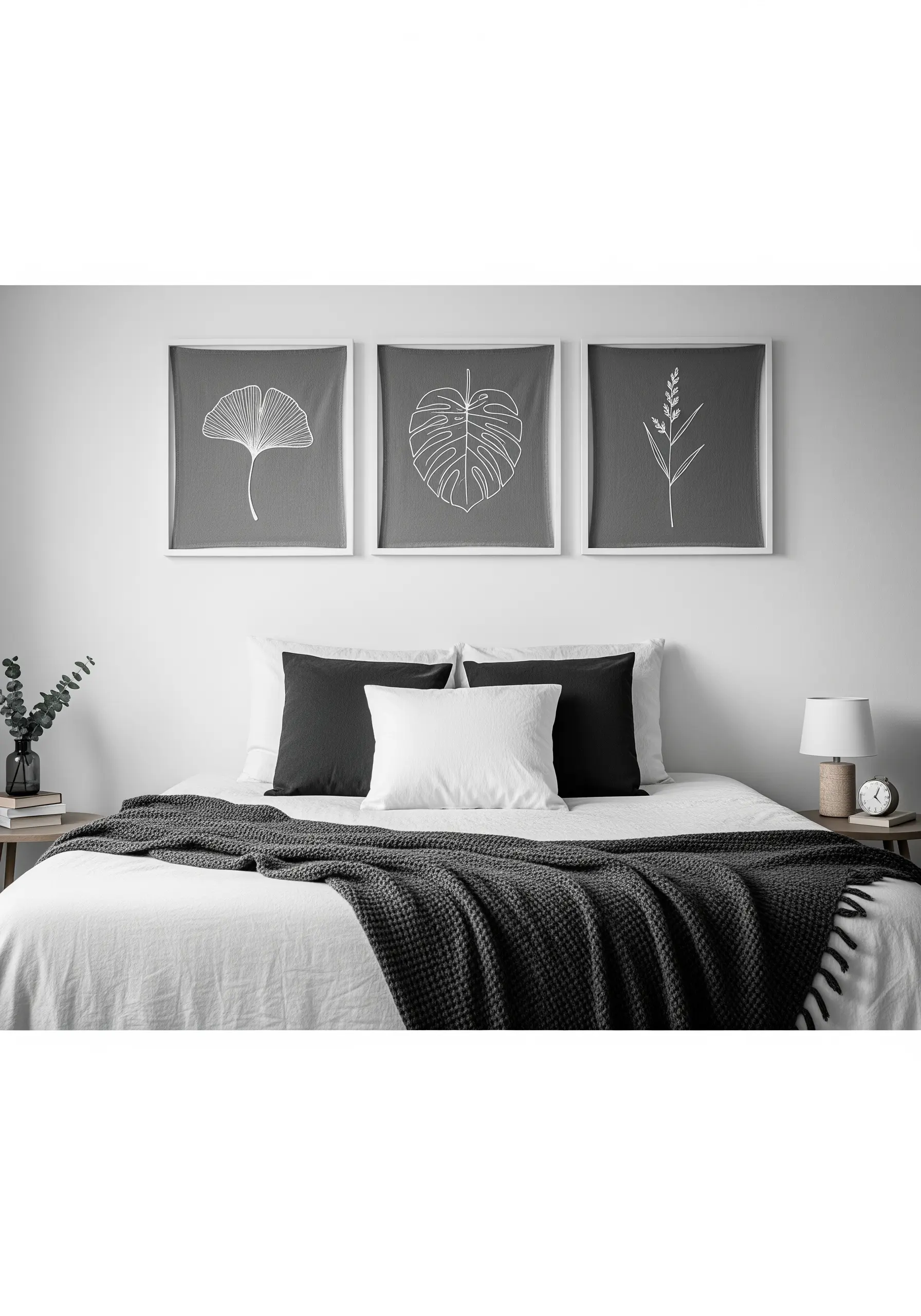 Three framed pieces of grey fabric with white line art embroidery of different leaves.