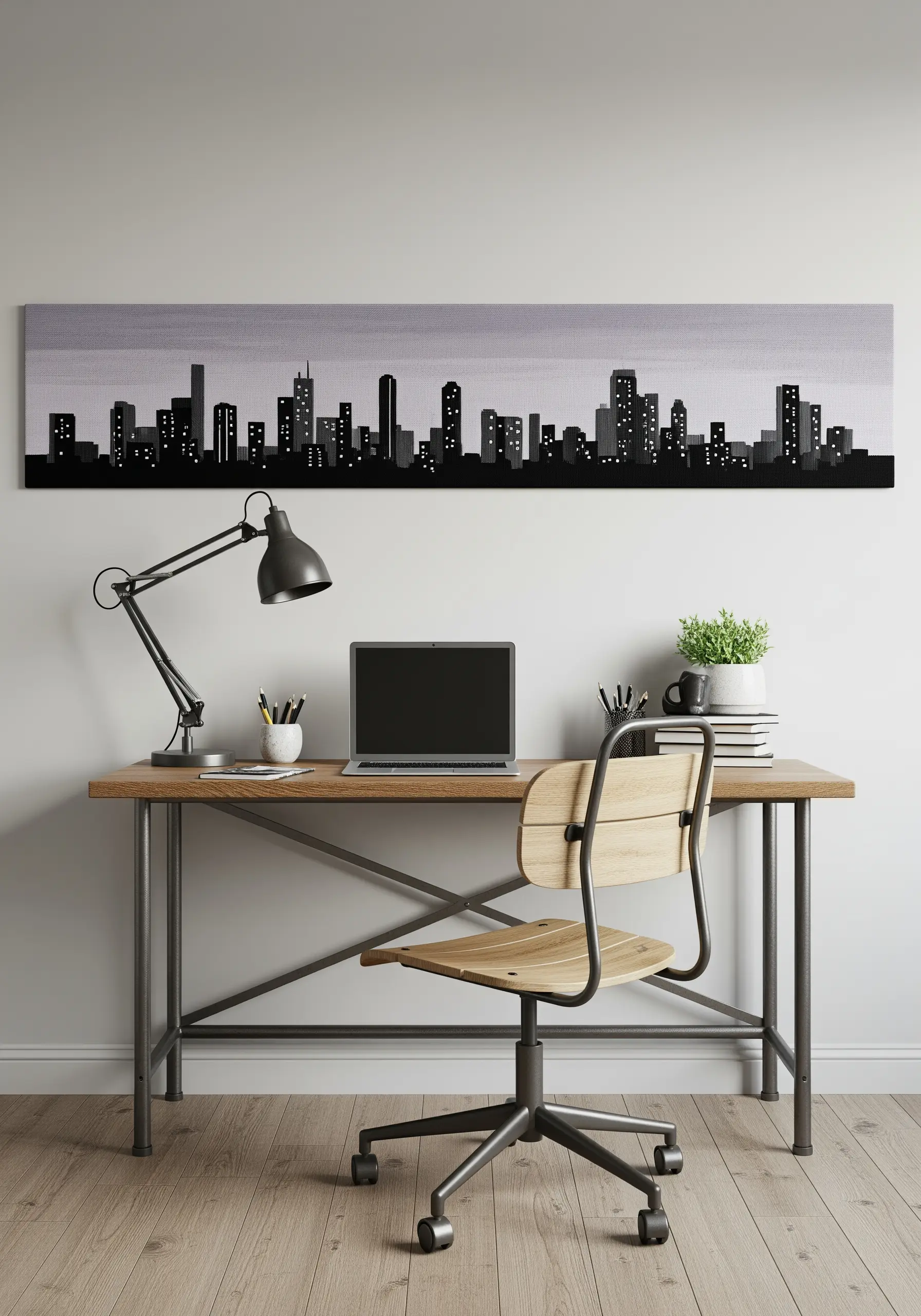 A long panoramic embroidery of a black city skyline against a grey background.