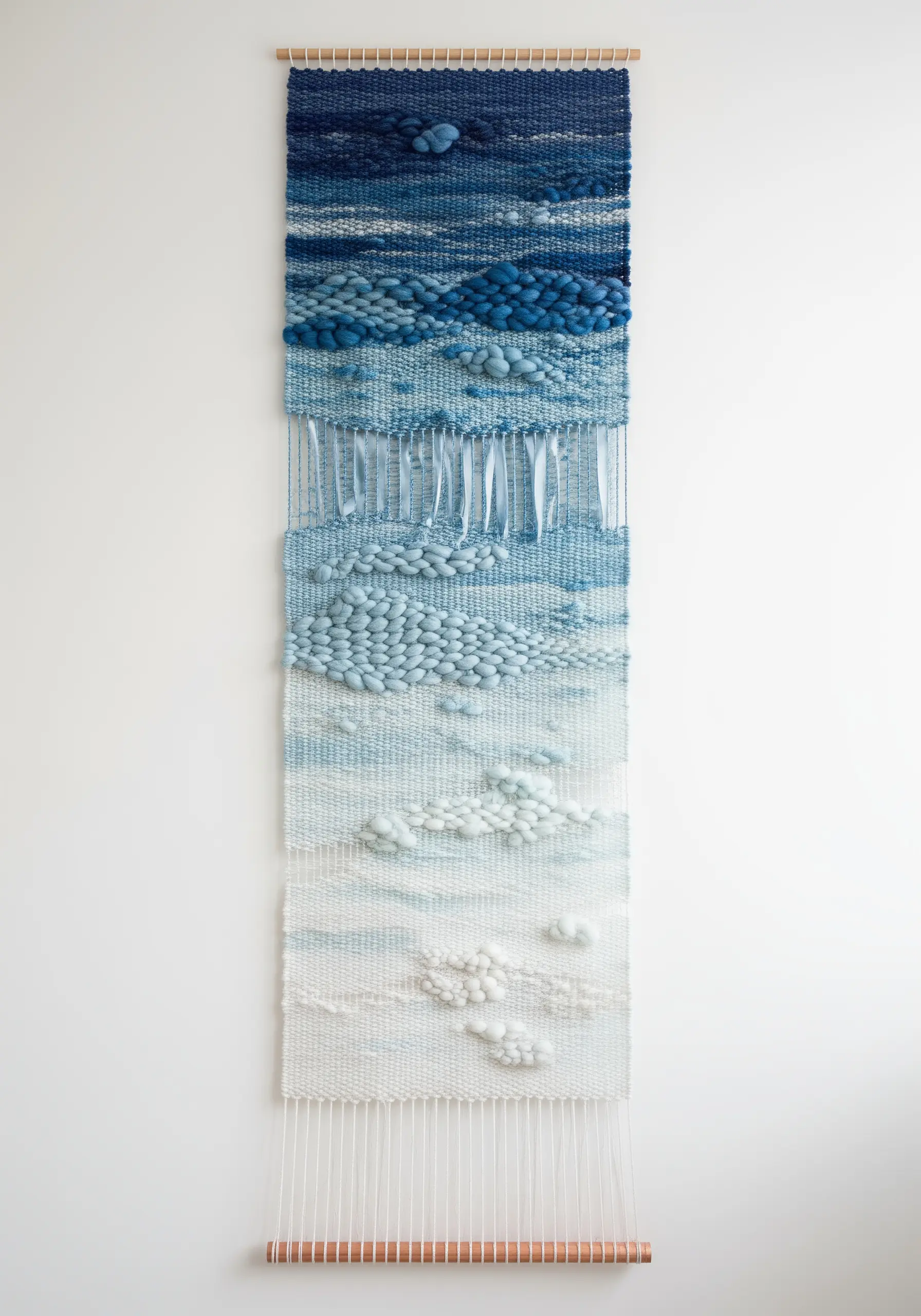 Tall, narrow woven wall hanging with a blue-to-white gradient featuring various textures.