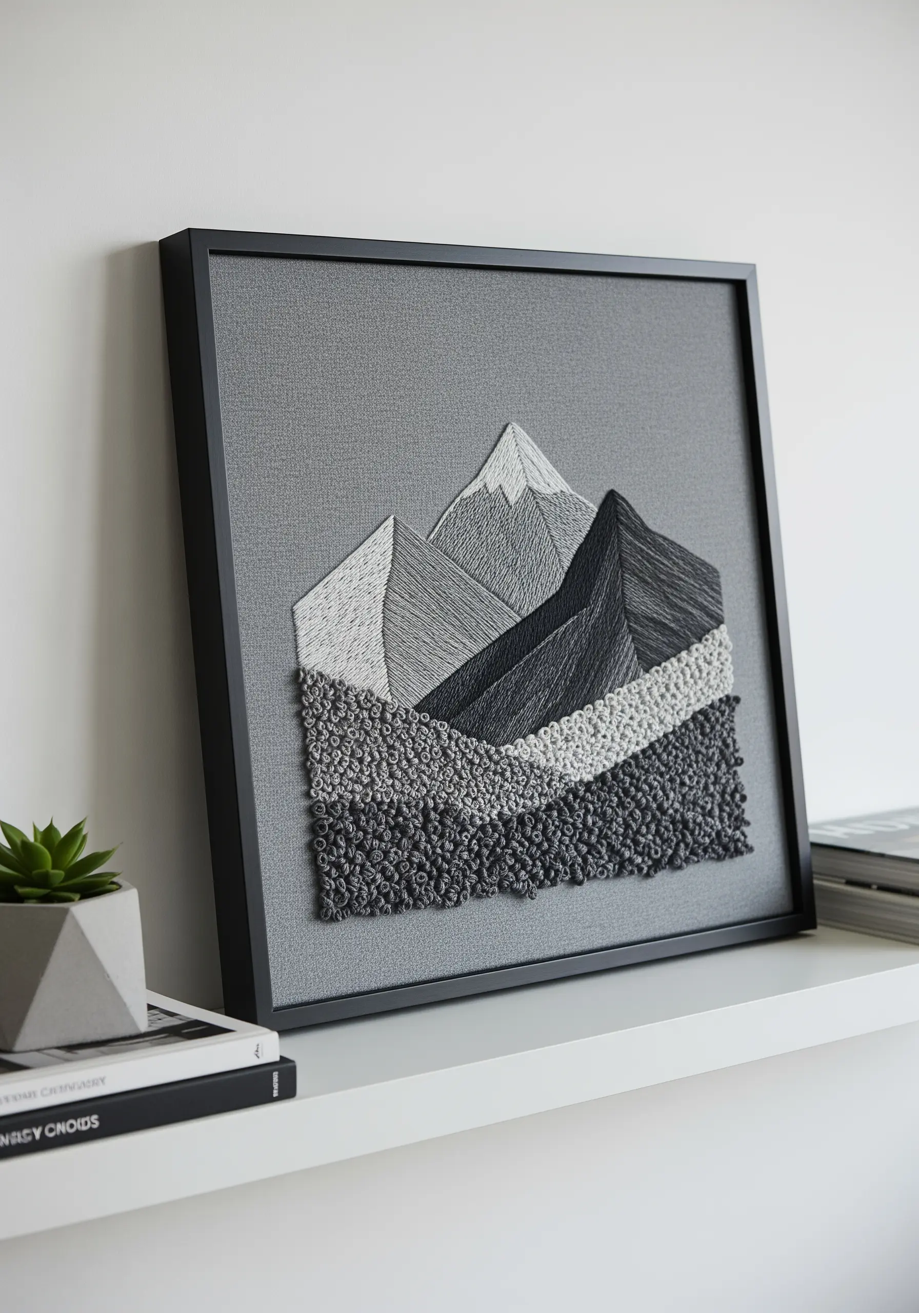 Monochromatic mountain landscape with varied textures, from satin stitch to French knots.