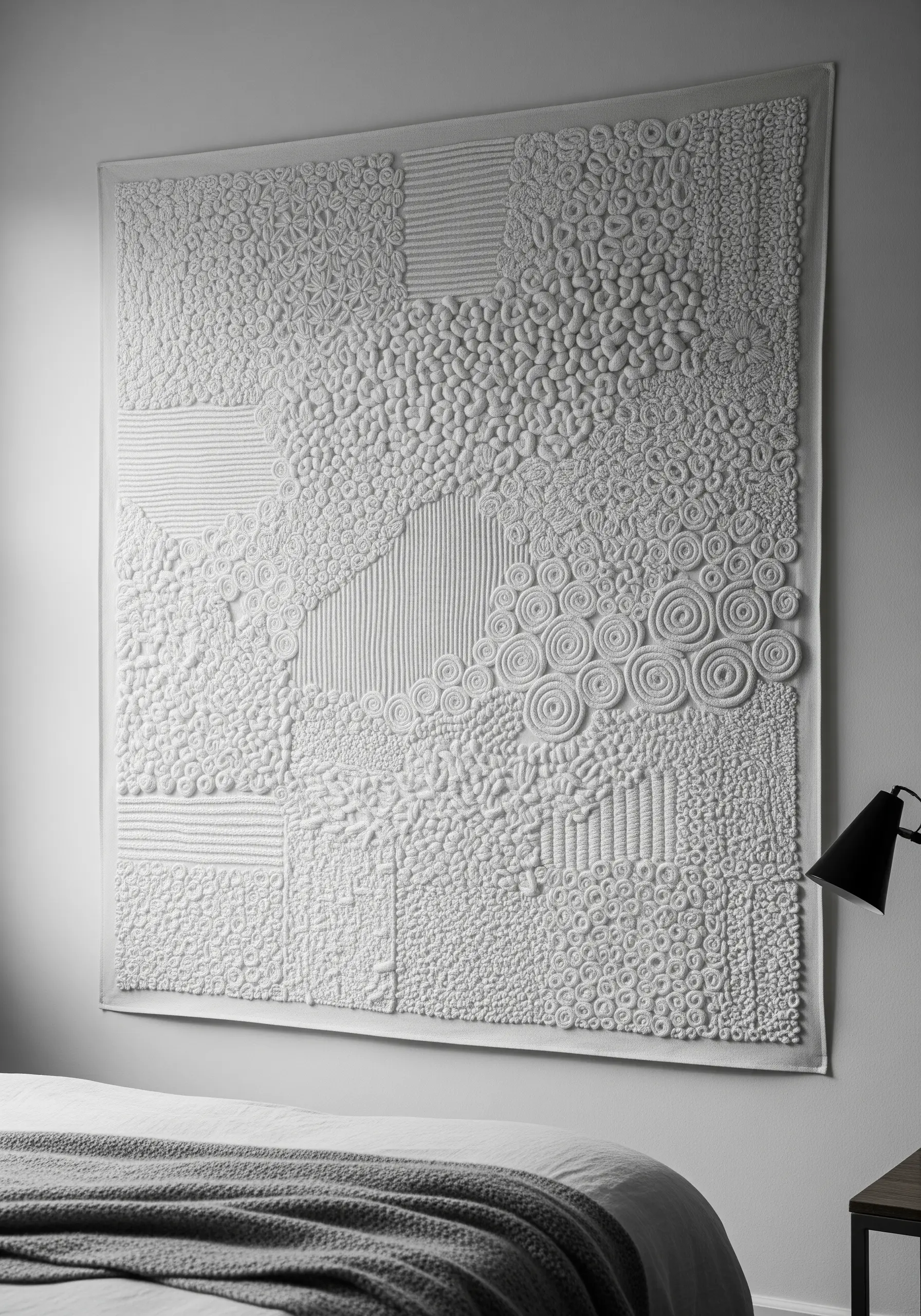 A large white-on-white textural embroidery wall hanging with padded satin stitch, knots, and lines.