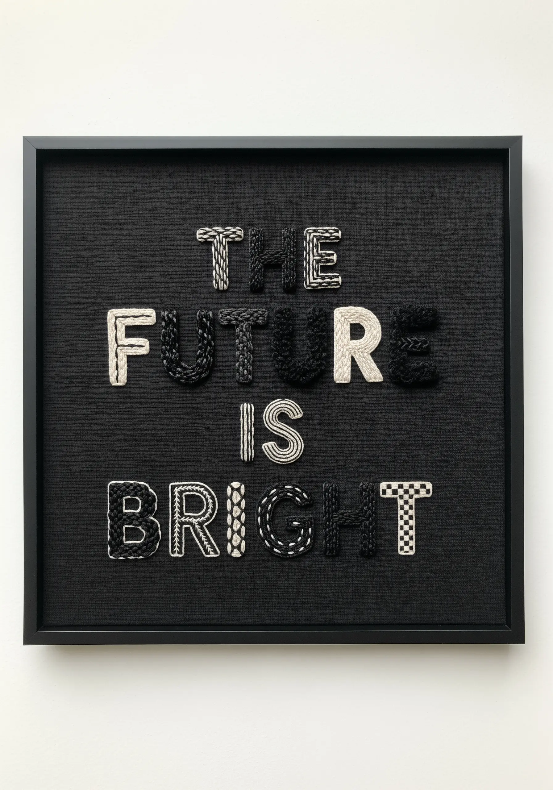 Black and white quote with each letter filled with a different textural stitch pattern.