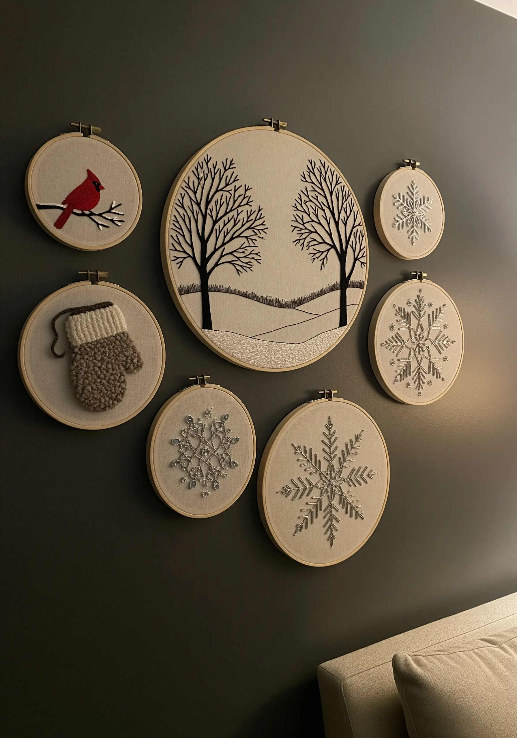 A gallery wall of embroidery hoops depicting a winter scene with a cardinal, mitten, and snowflakes.