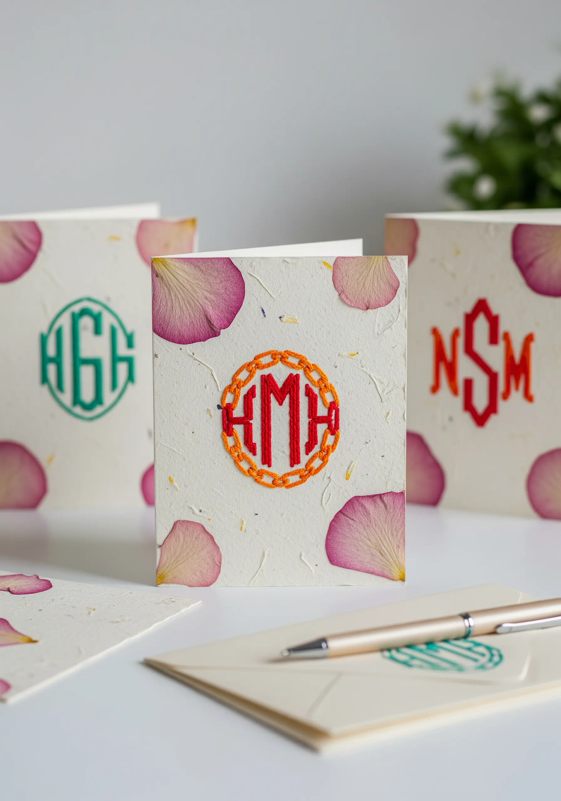 Embroidered monograms in bright colors on handmade paper flecked with pink flower petals.