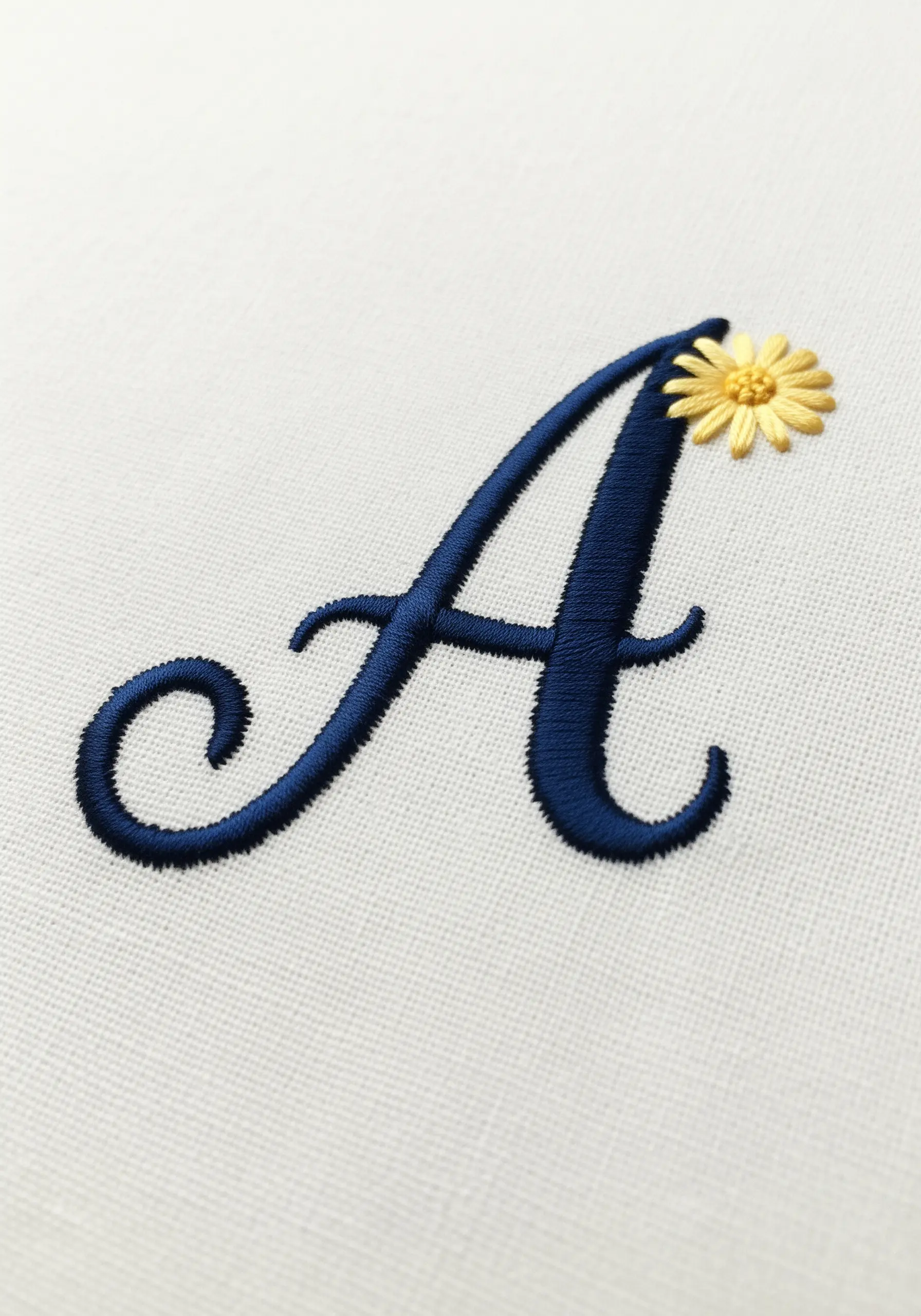 A navy blue satin-stitched letter 'A' monogram with a small yellow daisy on top.