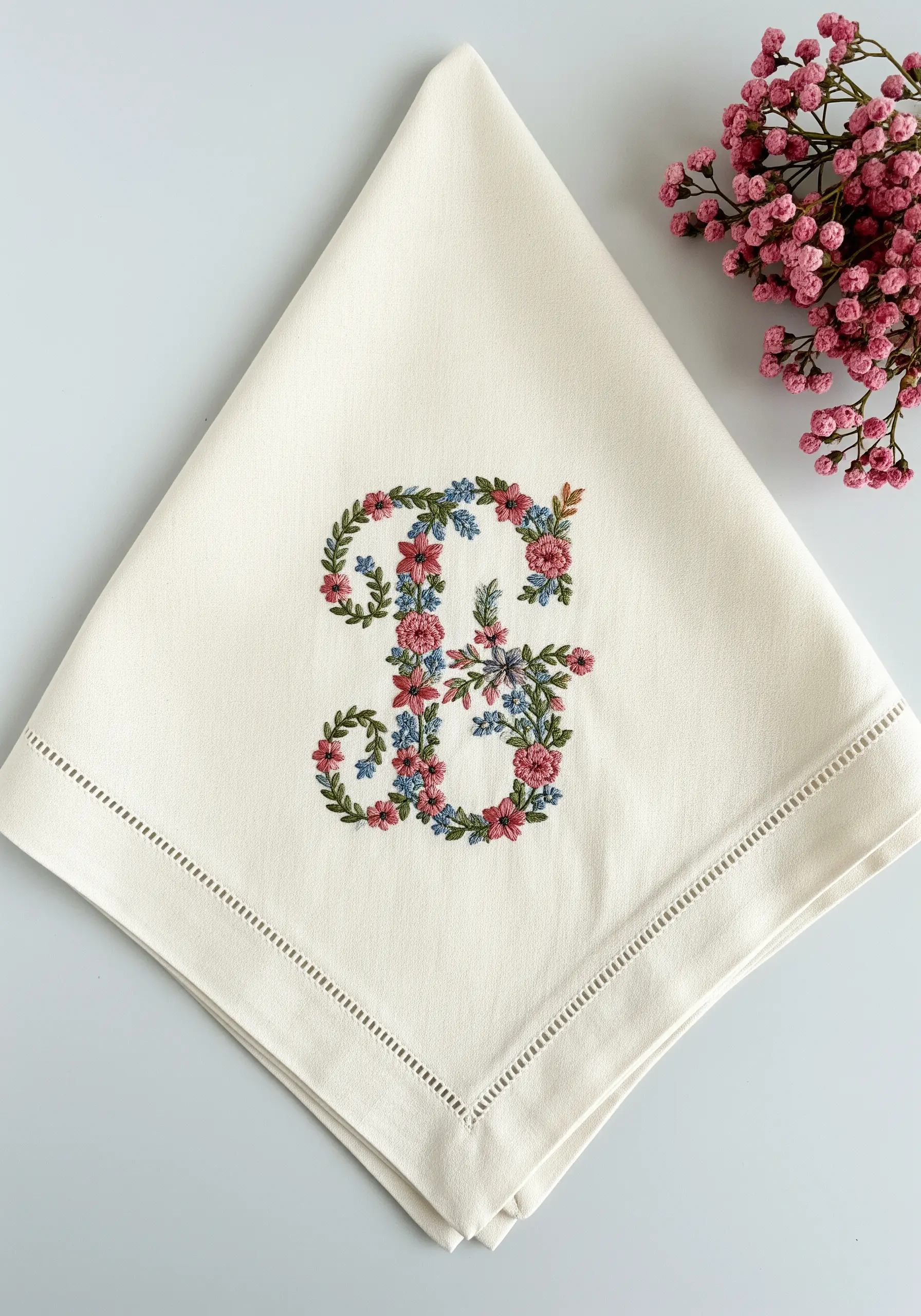 A monogram 'B' formed entirely from a dense arrangement of tiny embroidered flowers and leaves.