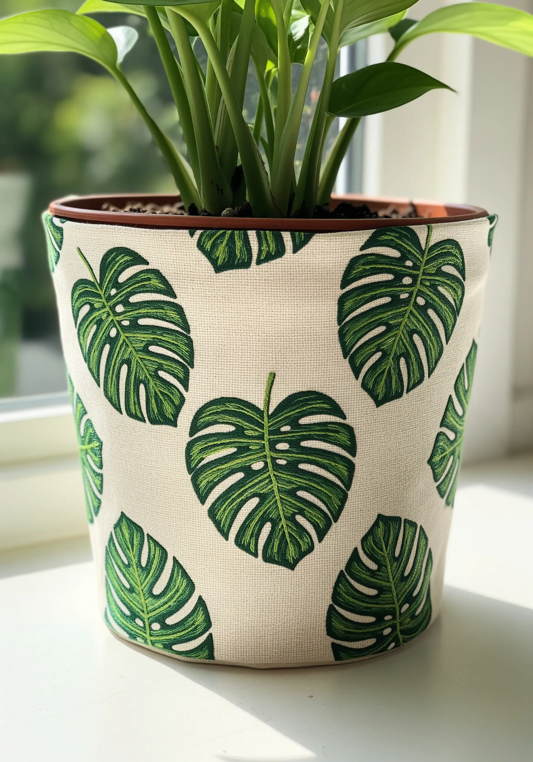 A fabric planter pot cover decorated with an all-over pattern of embroidered monstera leaves.
