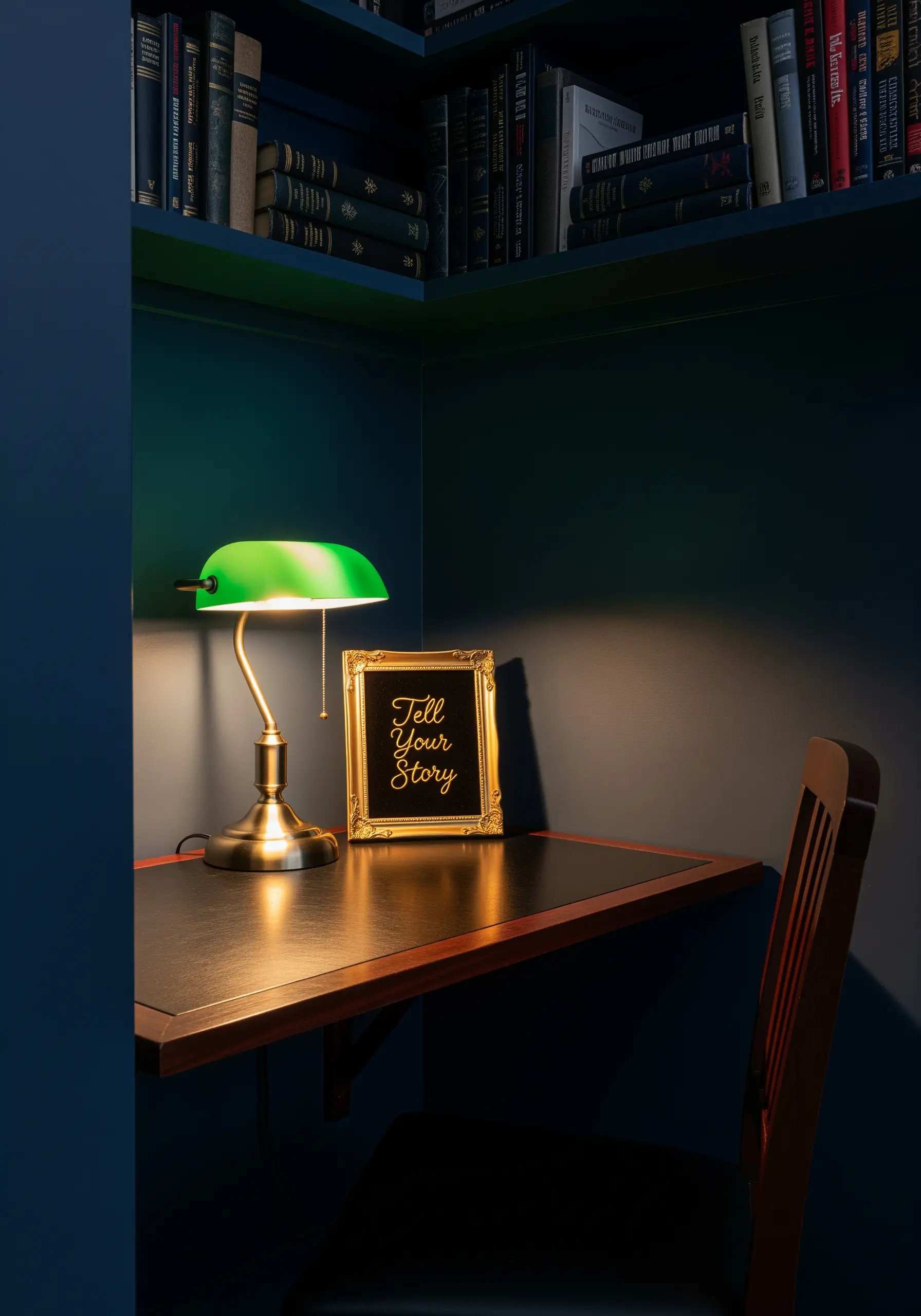 A 'Tell Your Story' quote stitched on dark fabric inside an ornate gold frame.