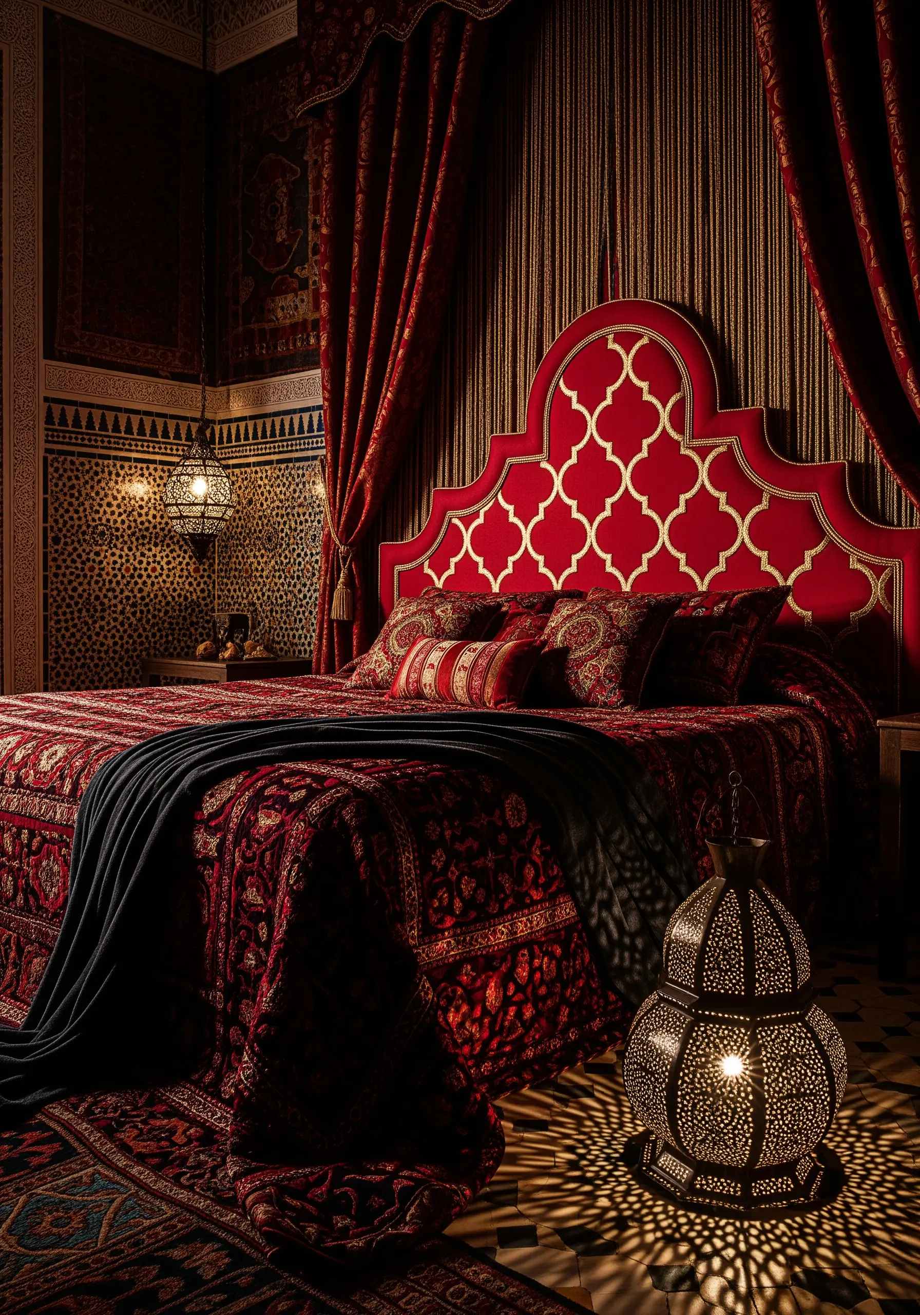 A red headboard with a golden Moroccan trellis pattern created with couched cord.