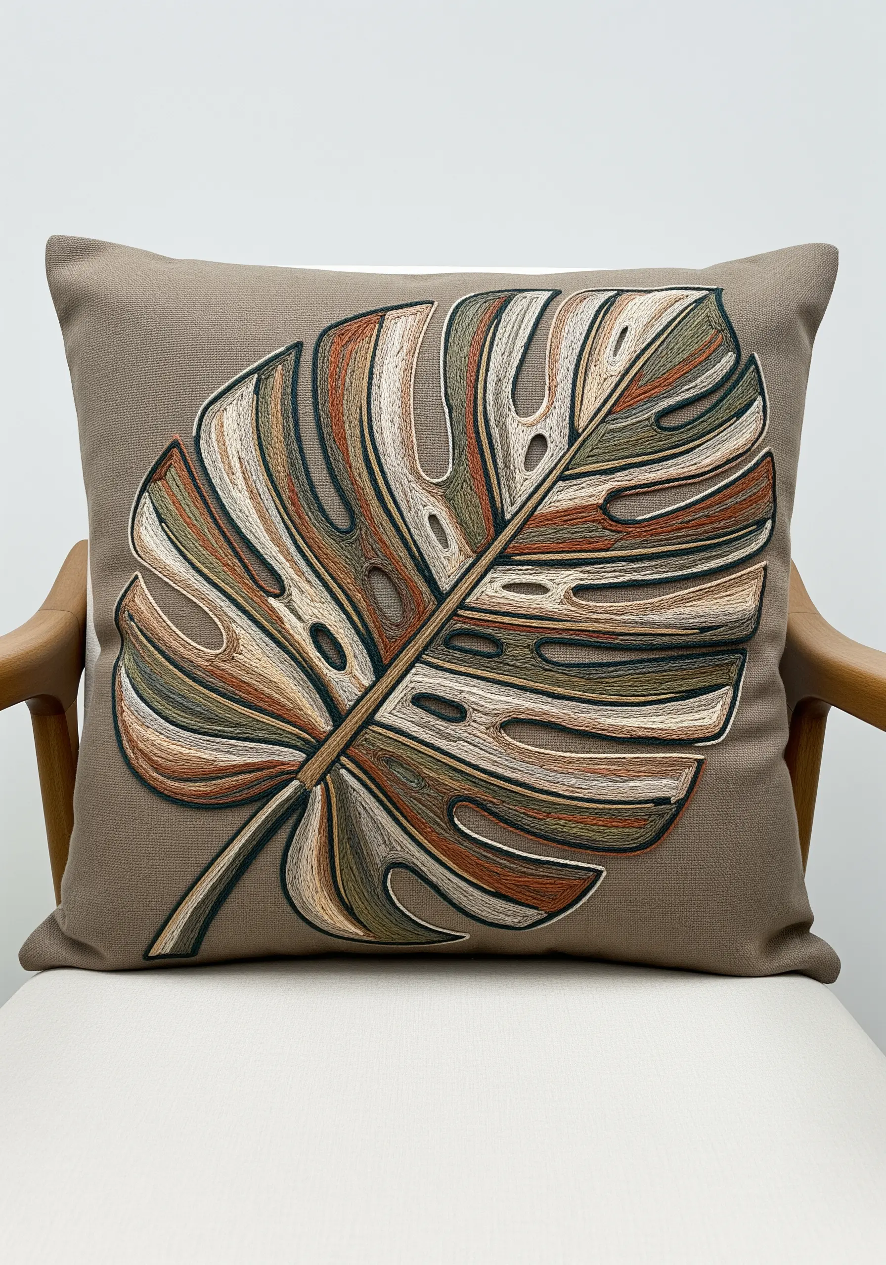 Embroidered monstera leaf on a cushion using sections of directional satin stitch in earth tones.