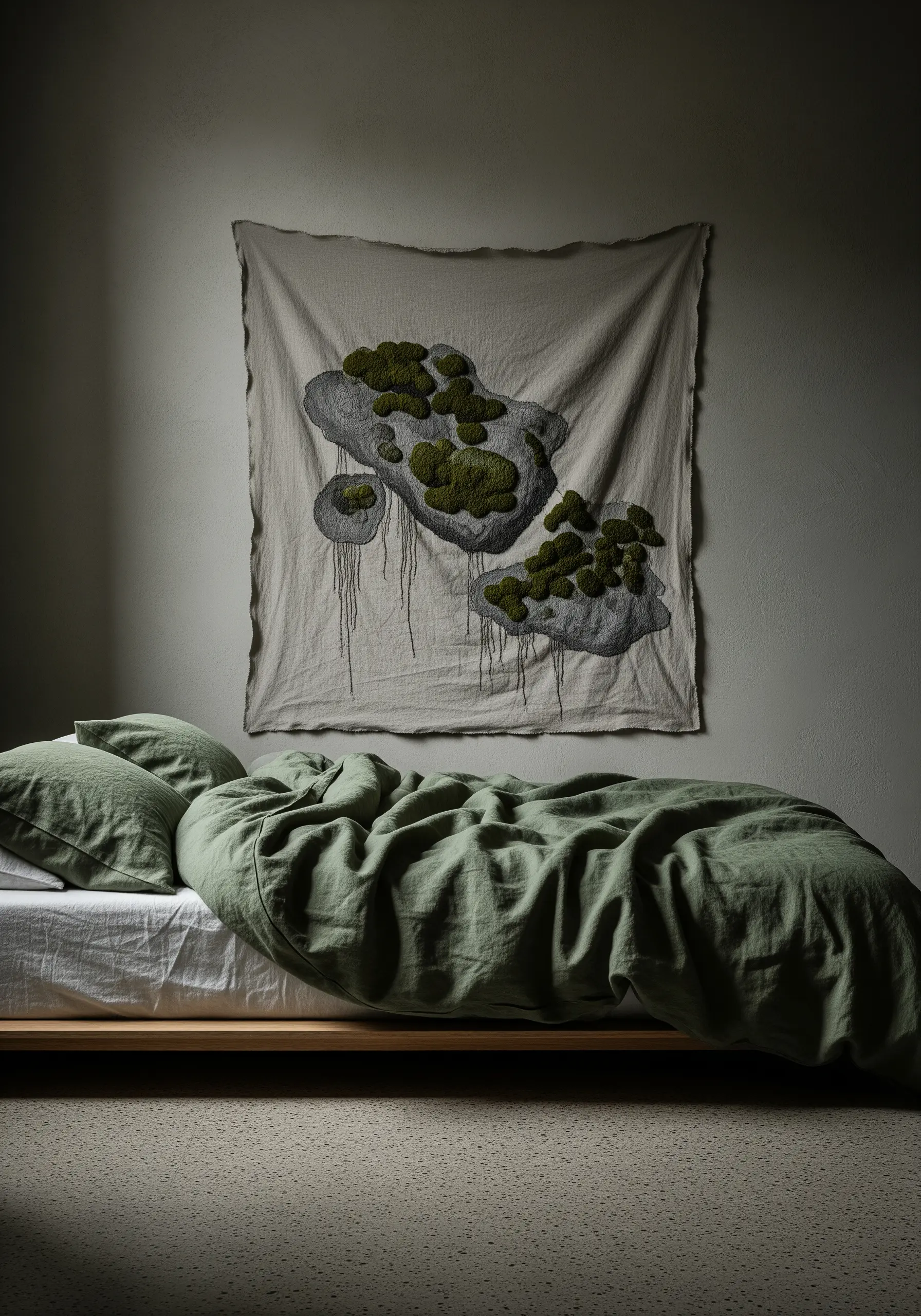 Textural embroidery of moss-covered stones on a linen wall hanging in an earthy bedroom