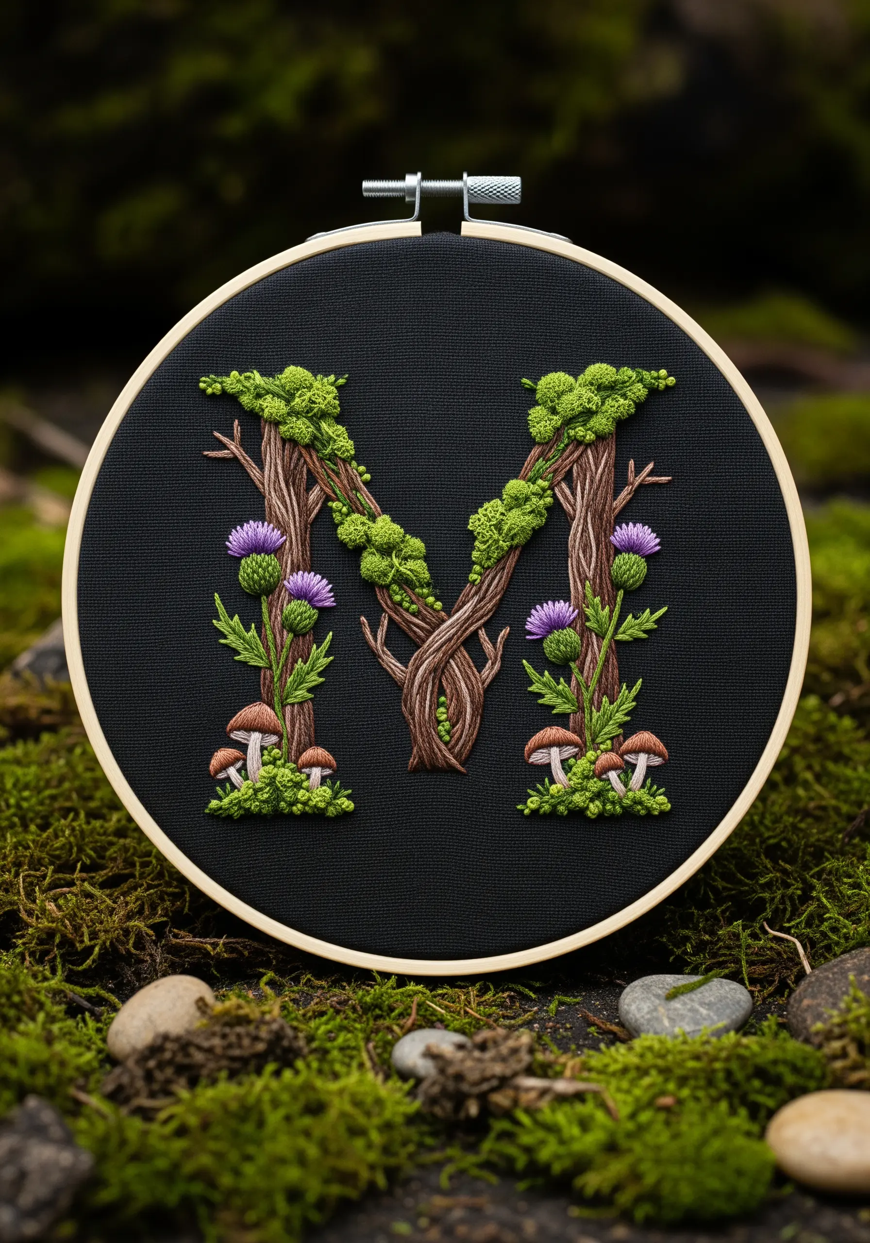 Embroidered letter M made of mossy branches, thistles, and mushrooms on black fabric.