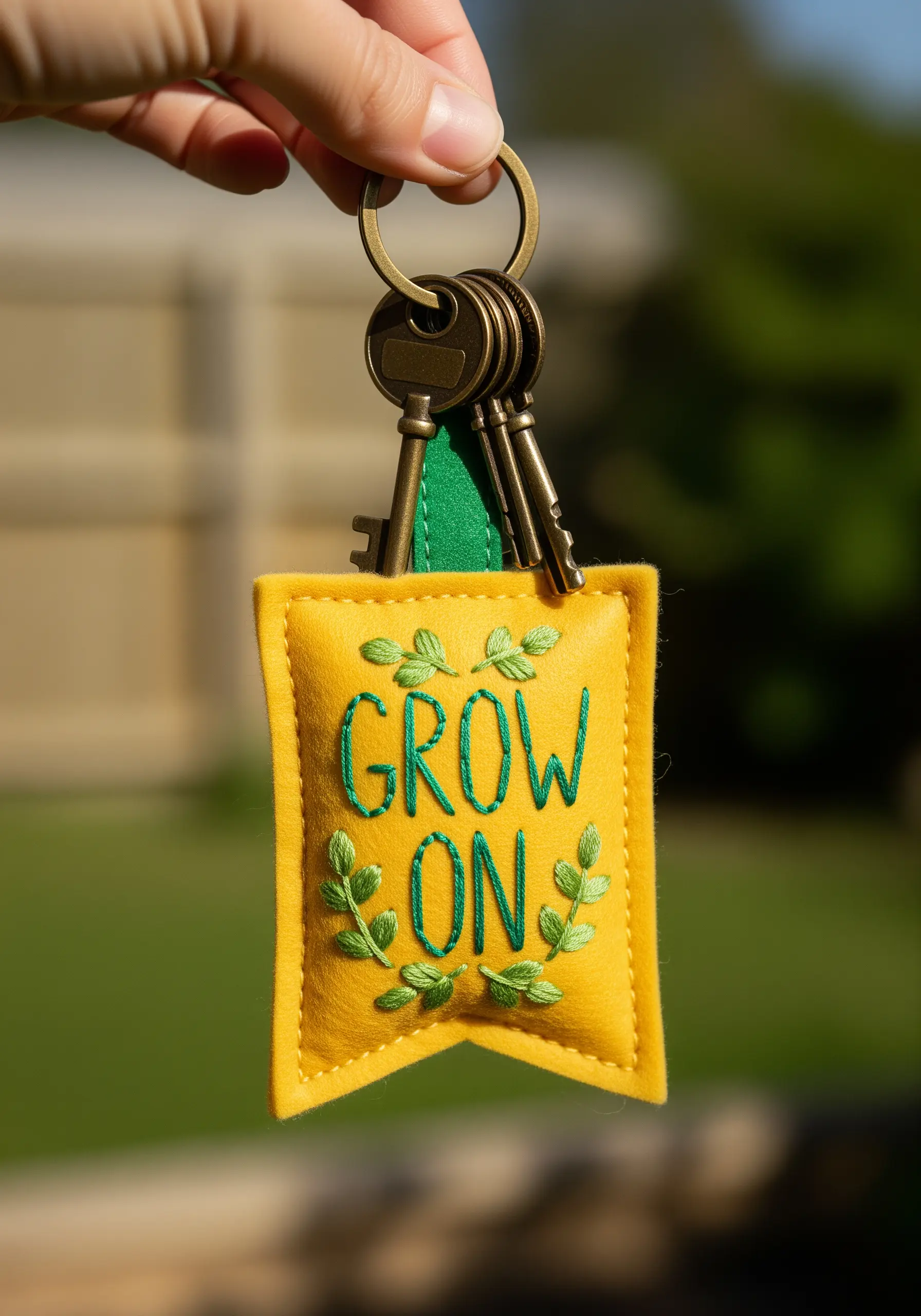 A yellow felt keychain with the embroidered words 'Grow On' and leafy details.