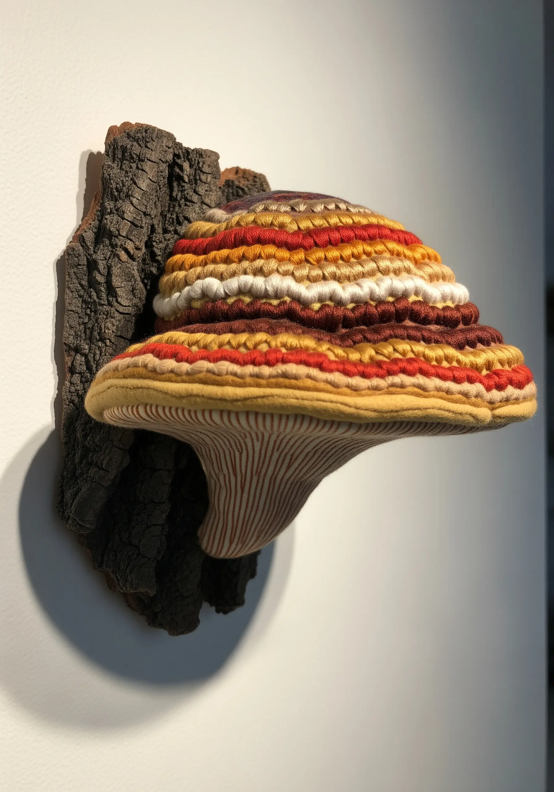 A 3D embroidered shelf mushroom with colorful rings, mounted on a real piece of tree bark.