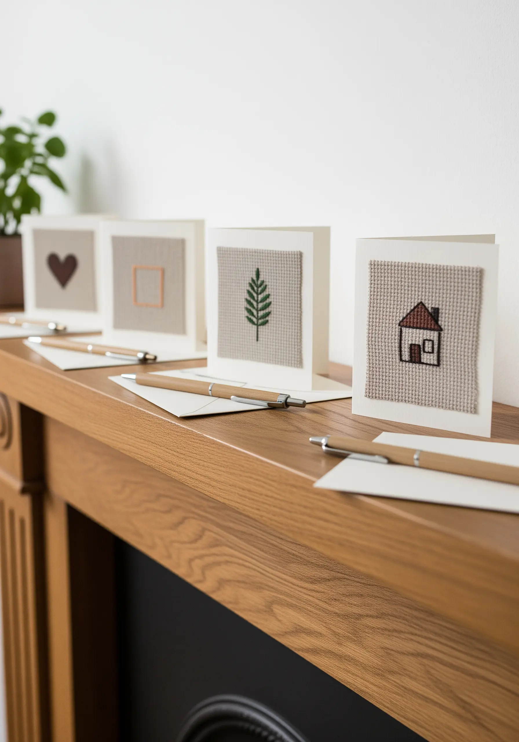 Handmade greeting cards featuring small, minimalist embroidery designs on fabric panels.