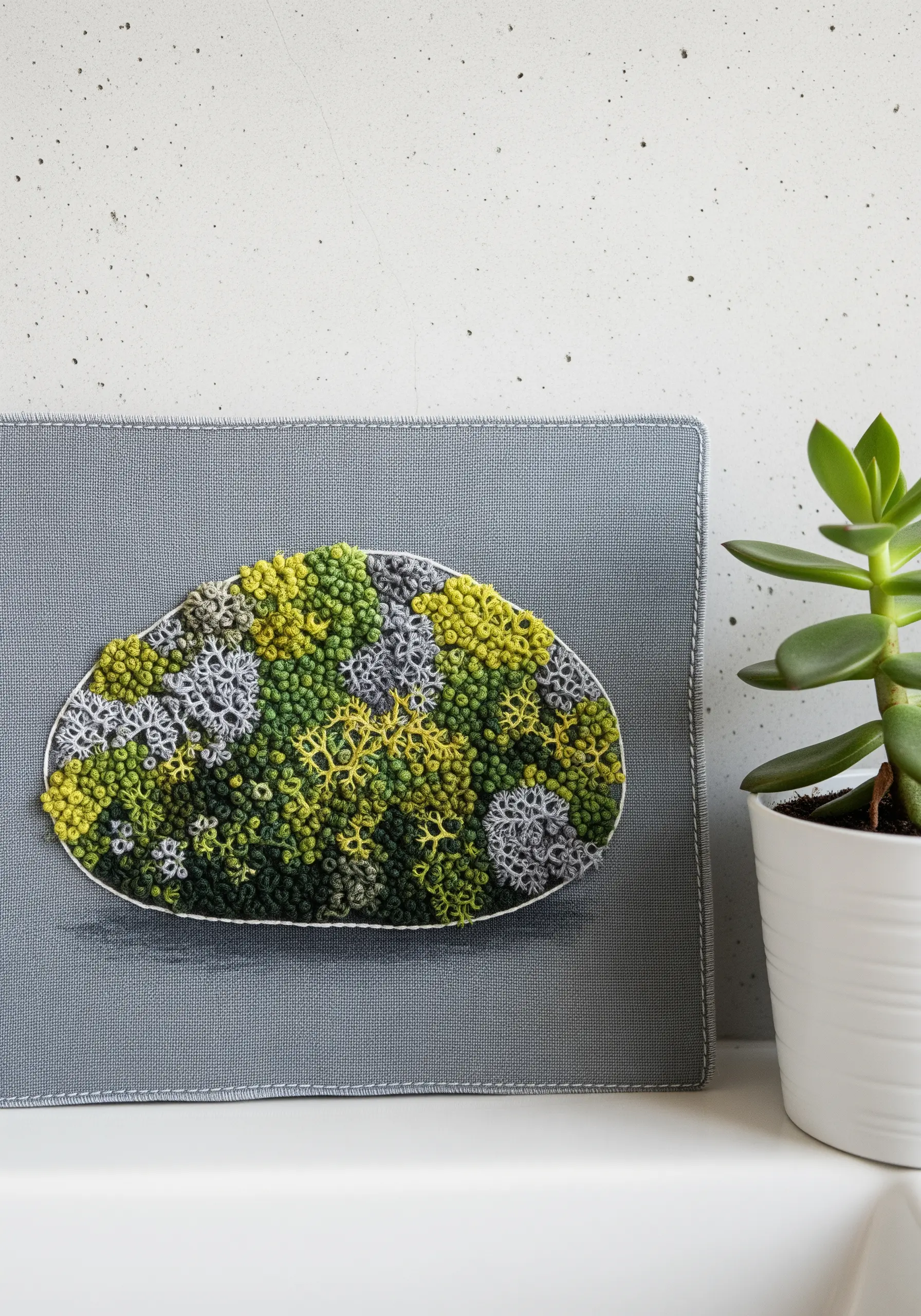 Textural lichen embroidery mounted on a grey fabric-covered canvas panel.