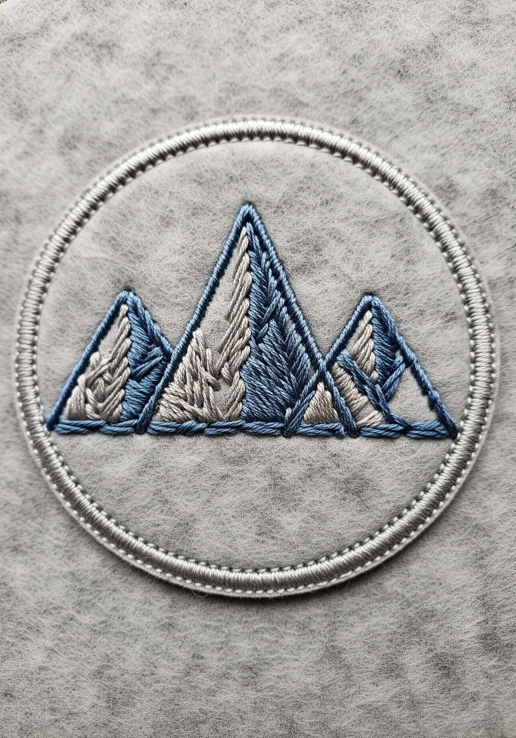 An embroidered patch of a mountain range with directional stitching for depth.