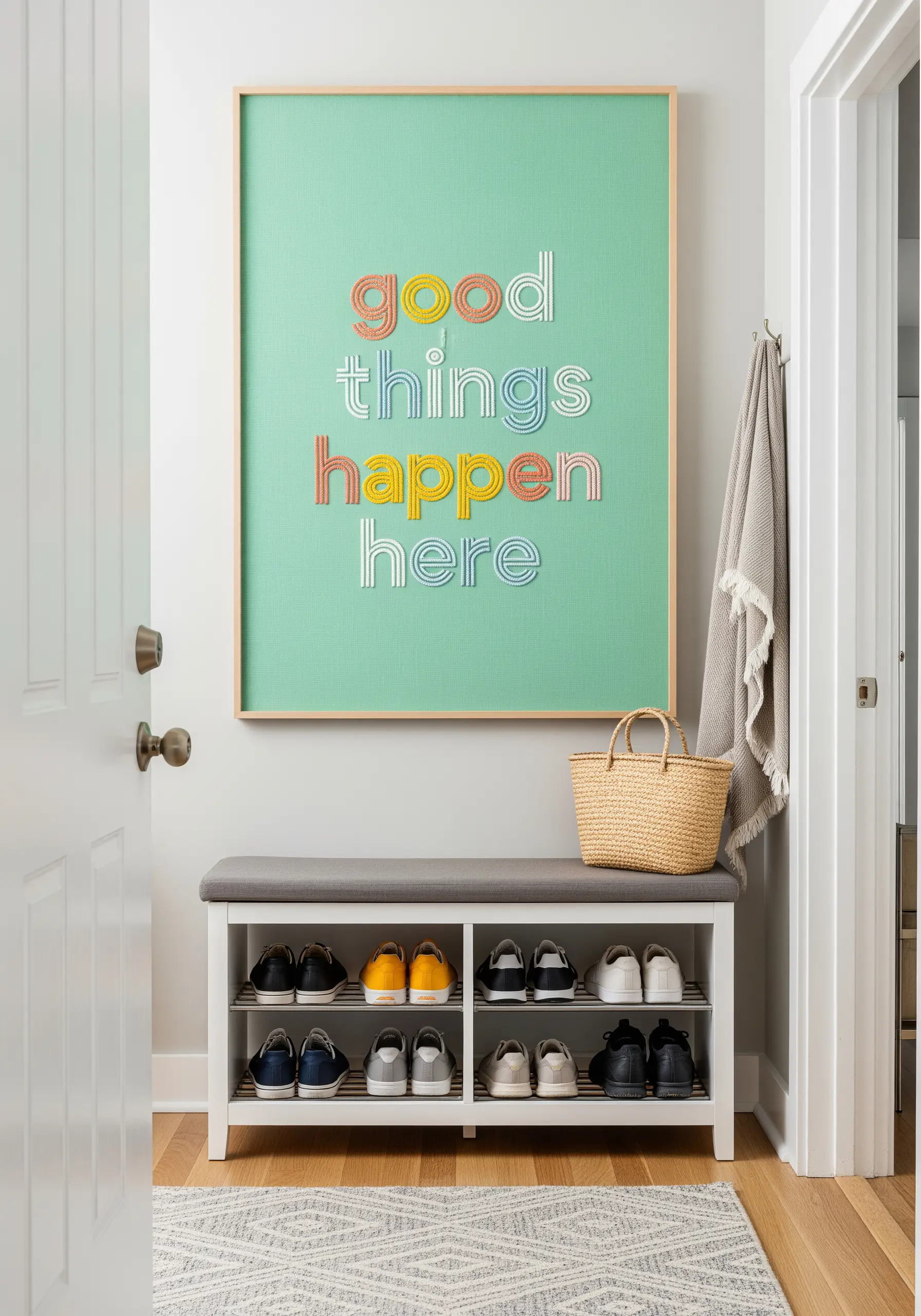 'Good things happen here' embroidered with colorful outlined letters on a mint green background.