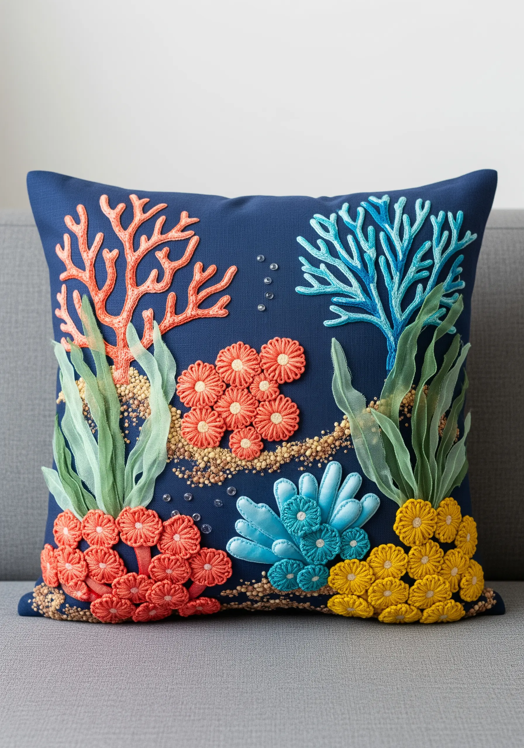 A navy blue cushion decorated with a vibrant, textural embroidery of a coral reef scene.