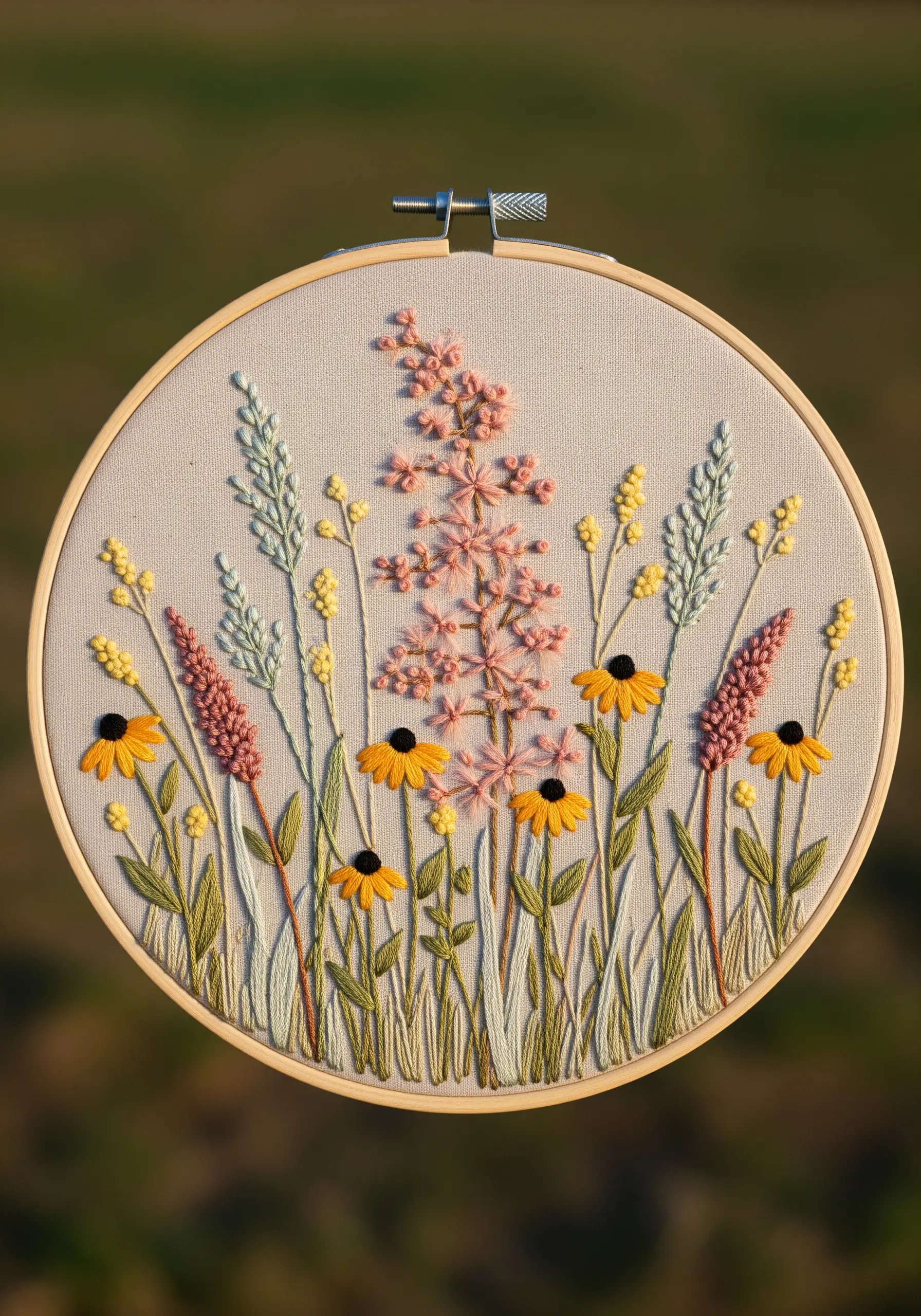 Embroidery hoop with pastel wildflowers in pink, yellow, and blue on neutral linen.