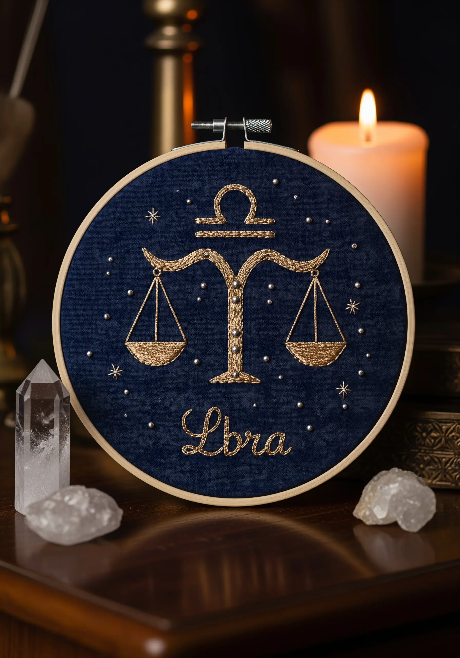 The Libra zodiac symbol embroidered in gold metallic thread and silver beads on navy fabric.