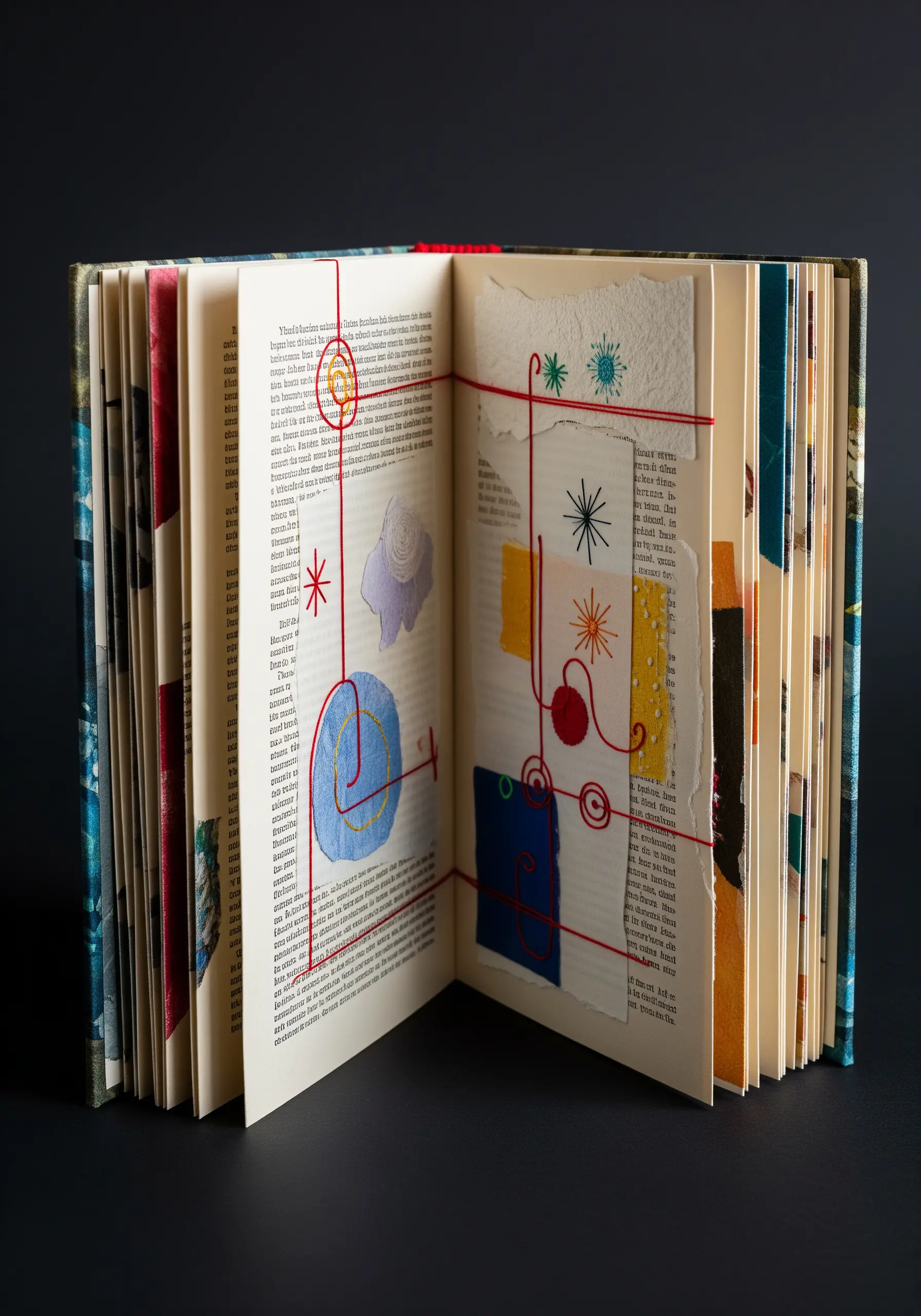 Altered art book with abstract red thread embroidery connecting collaged pages.