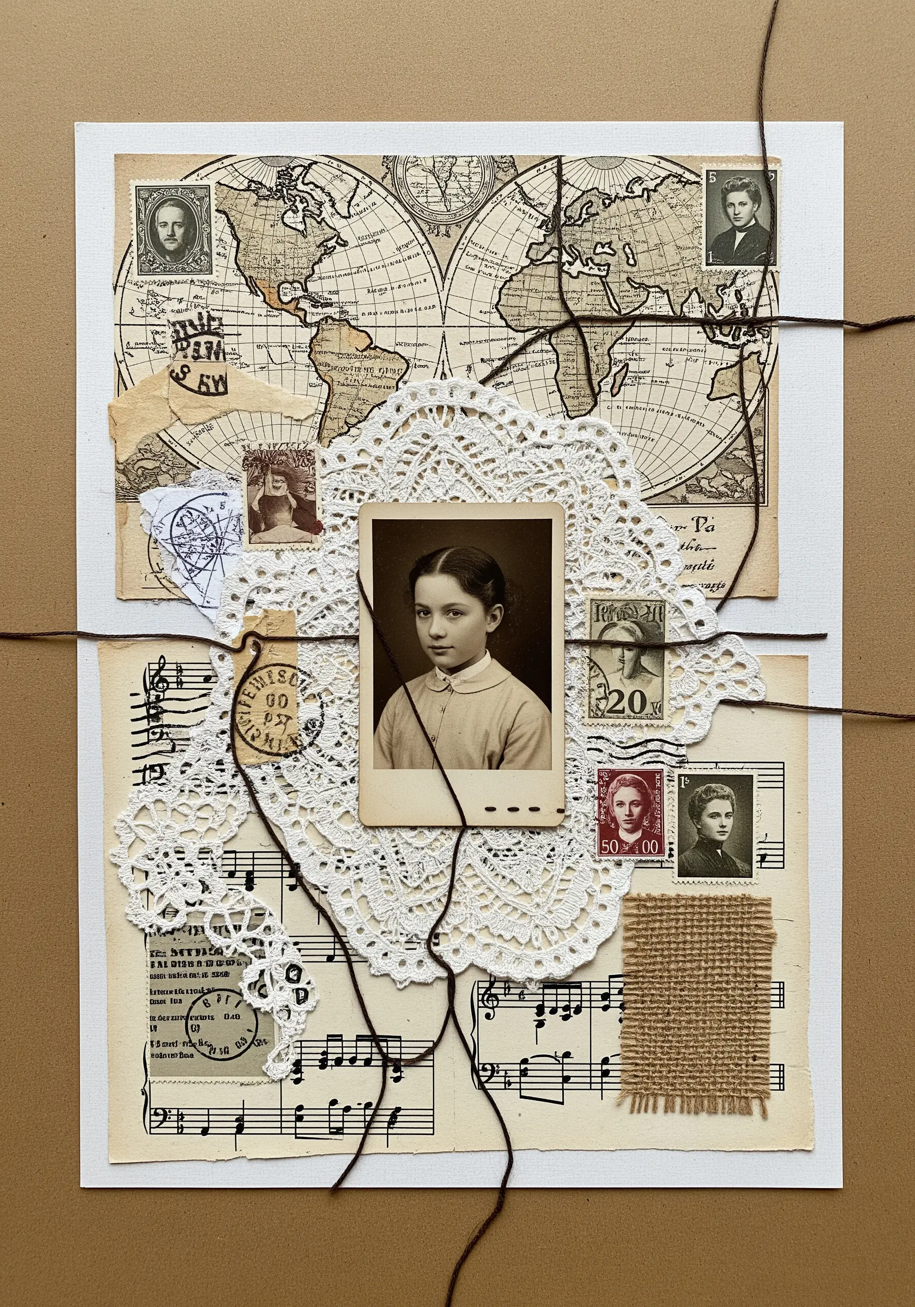 Vintage photos, maps, and stamps collaged and connected with dark thread.