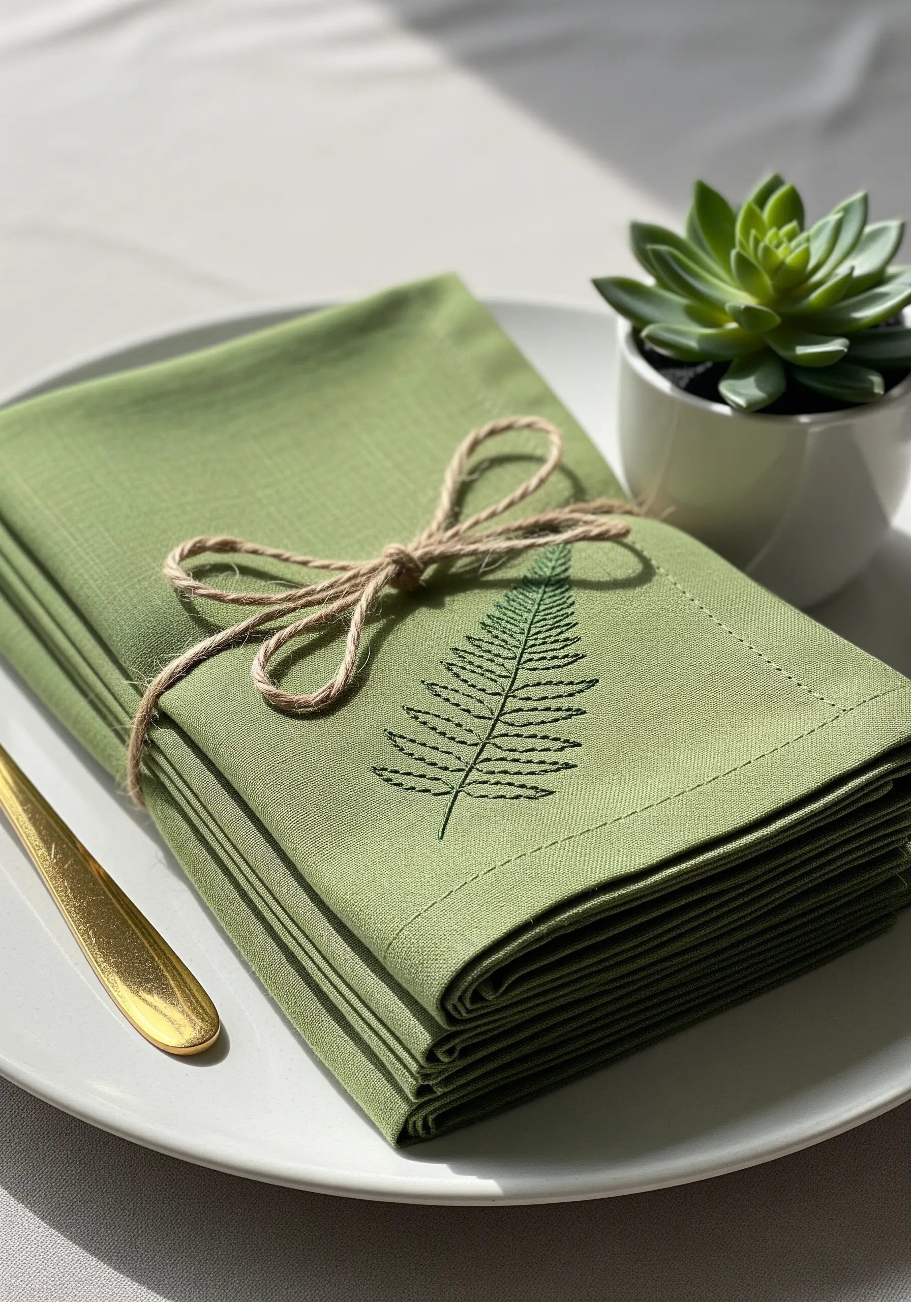 Dark green fern leaf embroidered on a lighter green linen napkin.