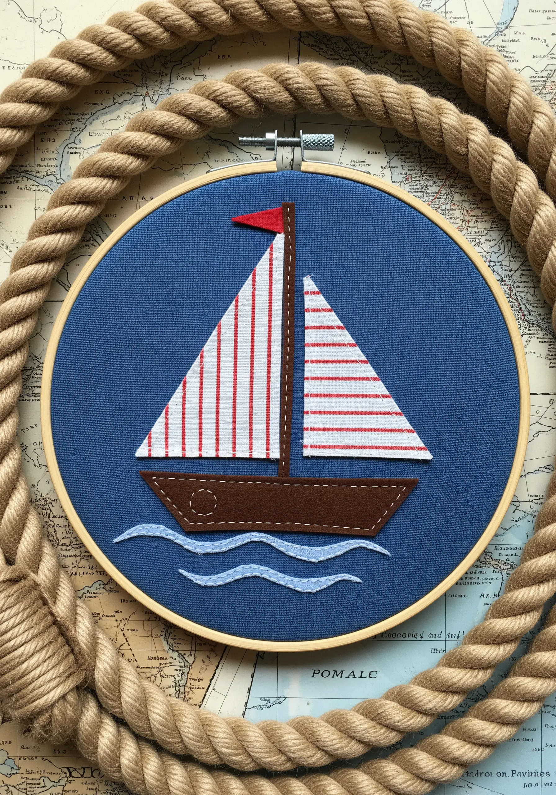 Fabric collage sailboat with striped sails and a brown hull on blue fabric.
