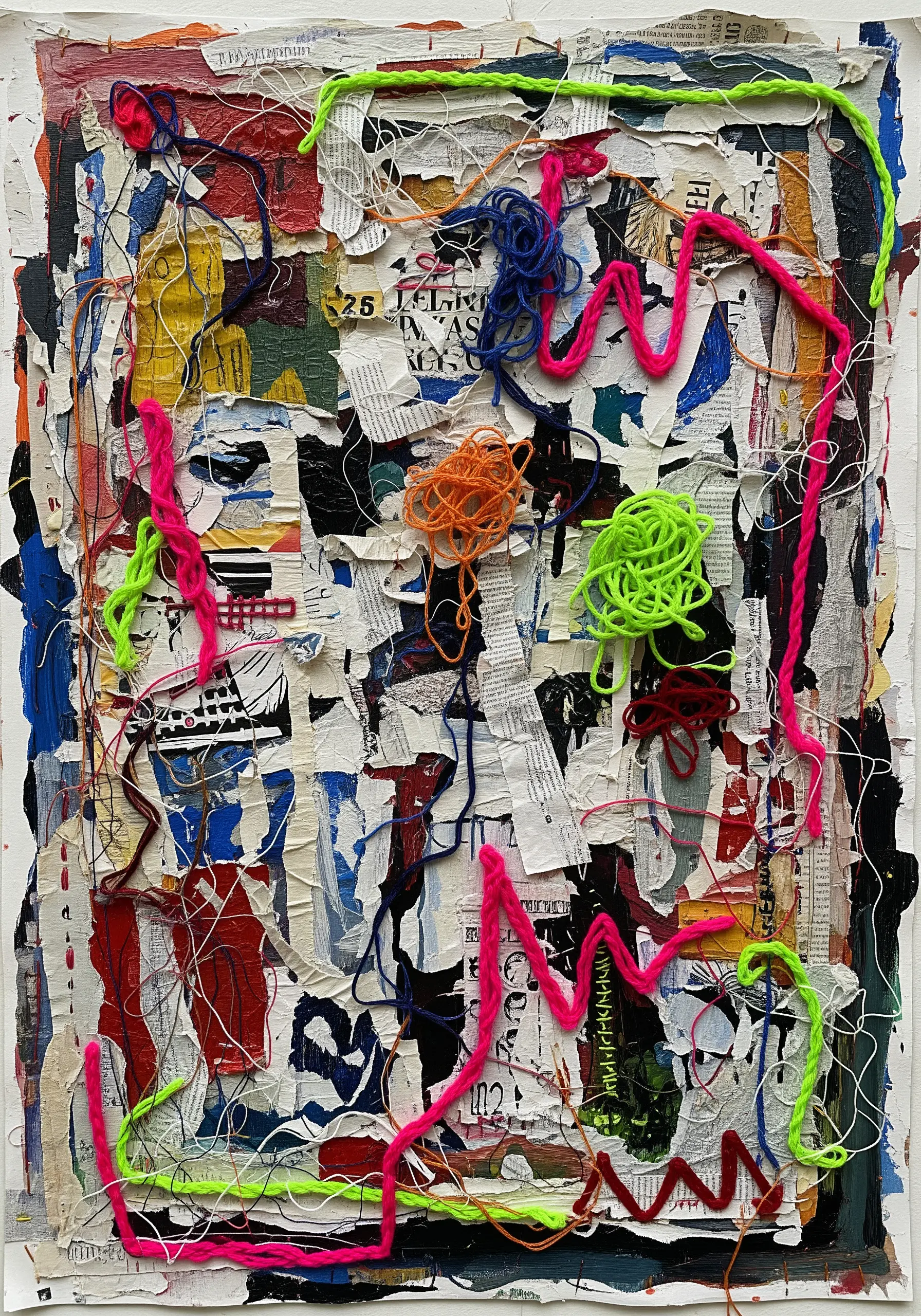 Abstract paper collage with bright neon yarn couched on top in energetic lines.