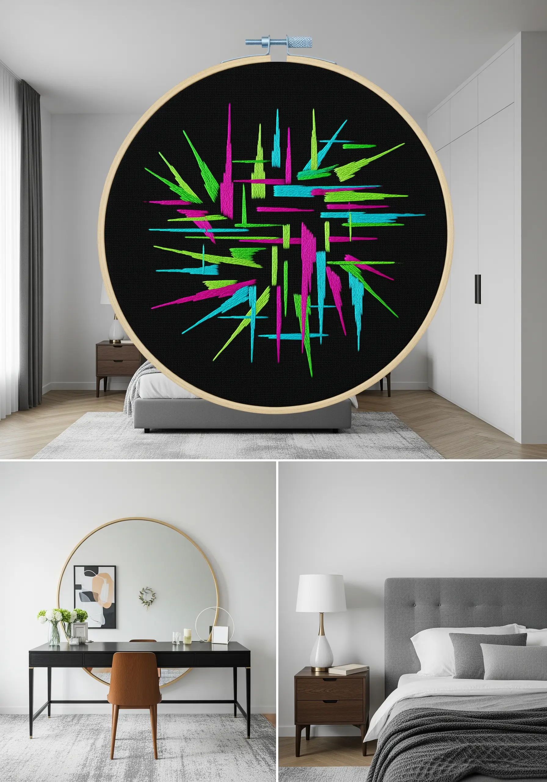 Embroidery hoop with abstract, energetic shards of neon green, pink, and blue on a black background.