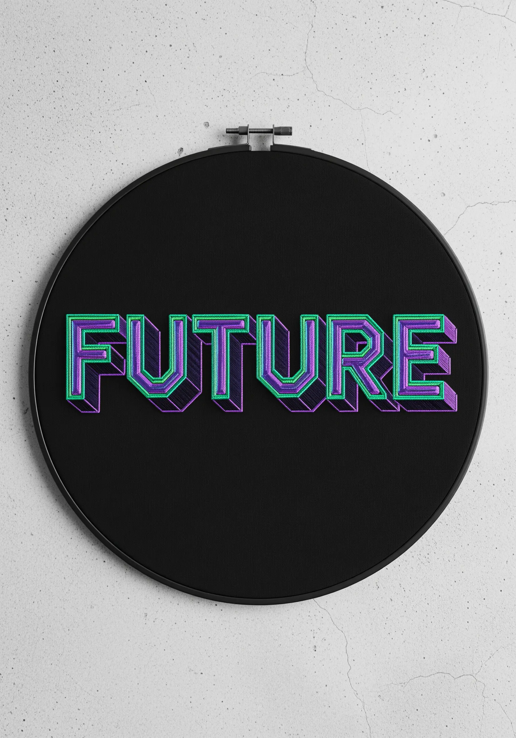 The word 'FUTURE' embroidered in a neon purple and green 3D style on black fabric.