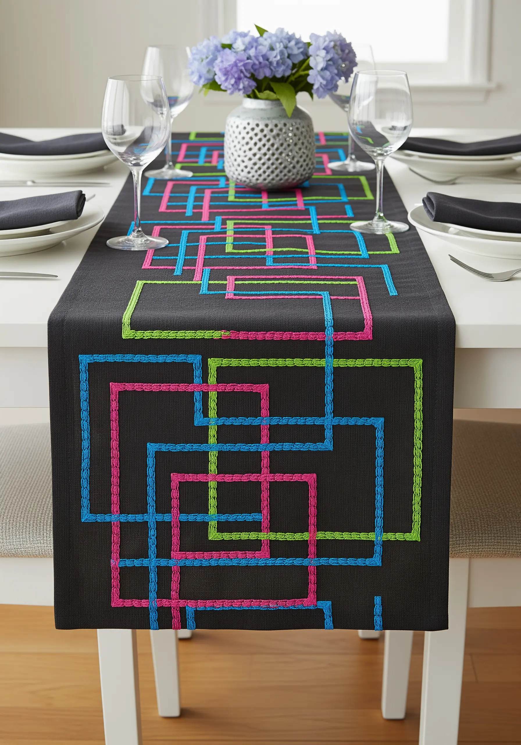 Interlocking geometric squares outlined in neon pink, green, and blue on a black table runner.