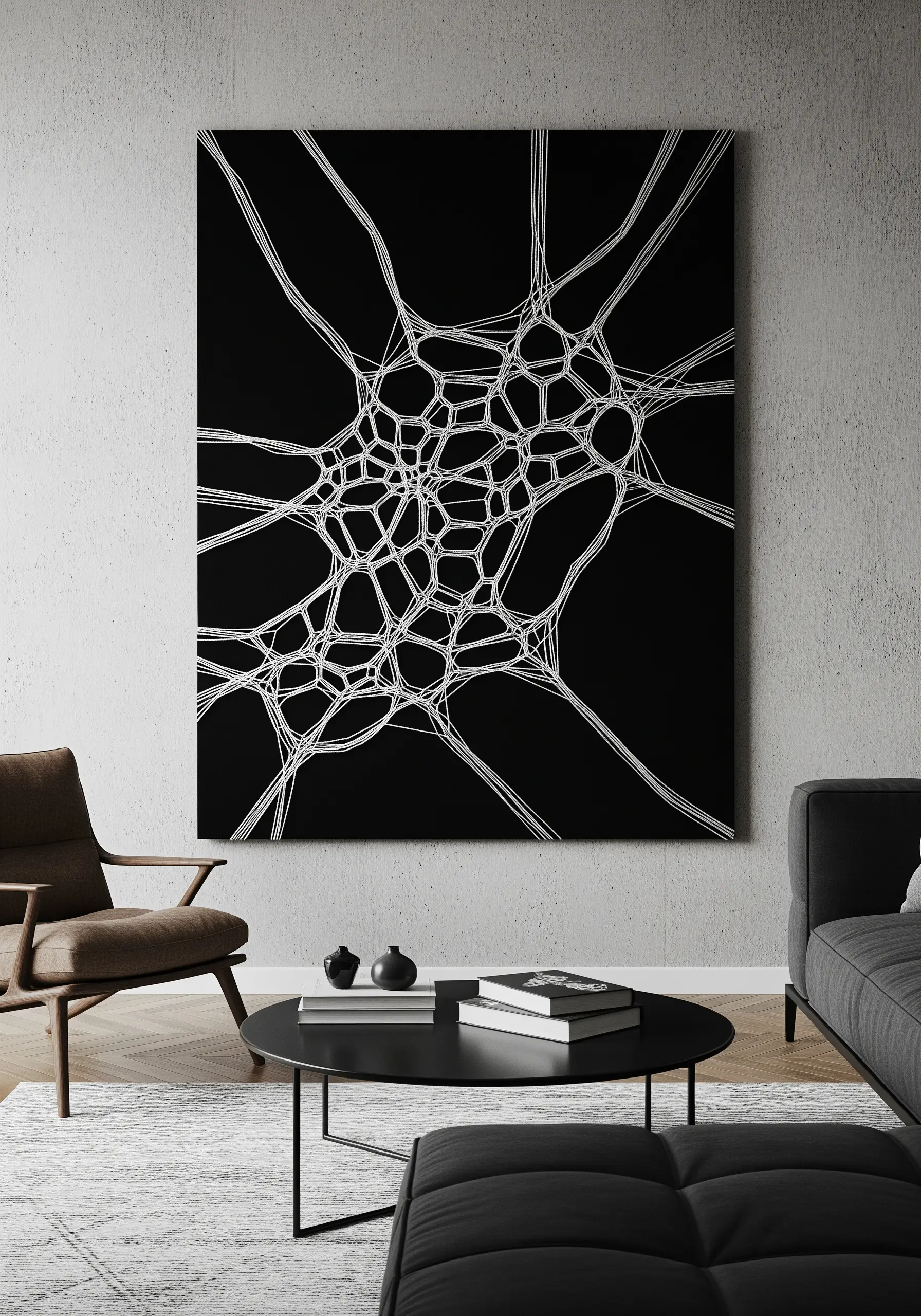 Large black canvas with a network of thick, white stitched lines resembling a neural network or web.