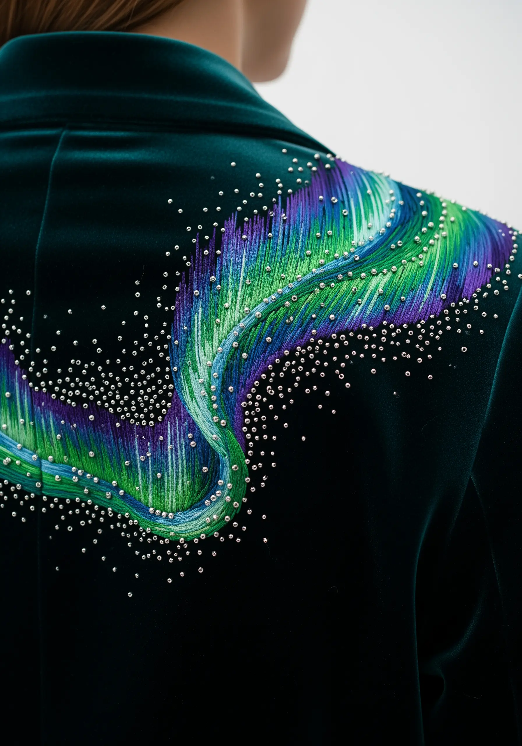 Abstract embroidery of the Northern Lights with beads on a dark velvet jacket.