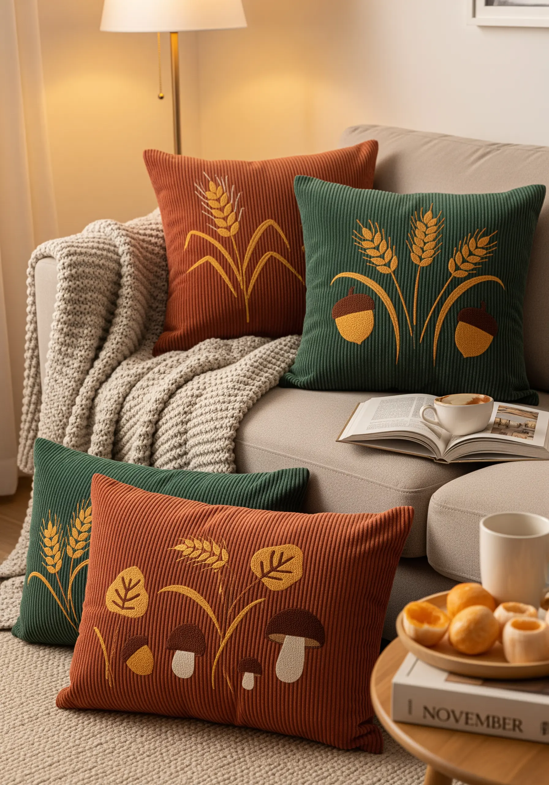 Autumnal embroidery on green and rust-colored corduroy pillows, showing wheat, acorns, and mushrooms.